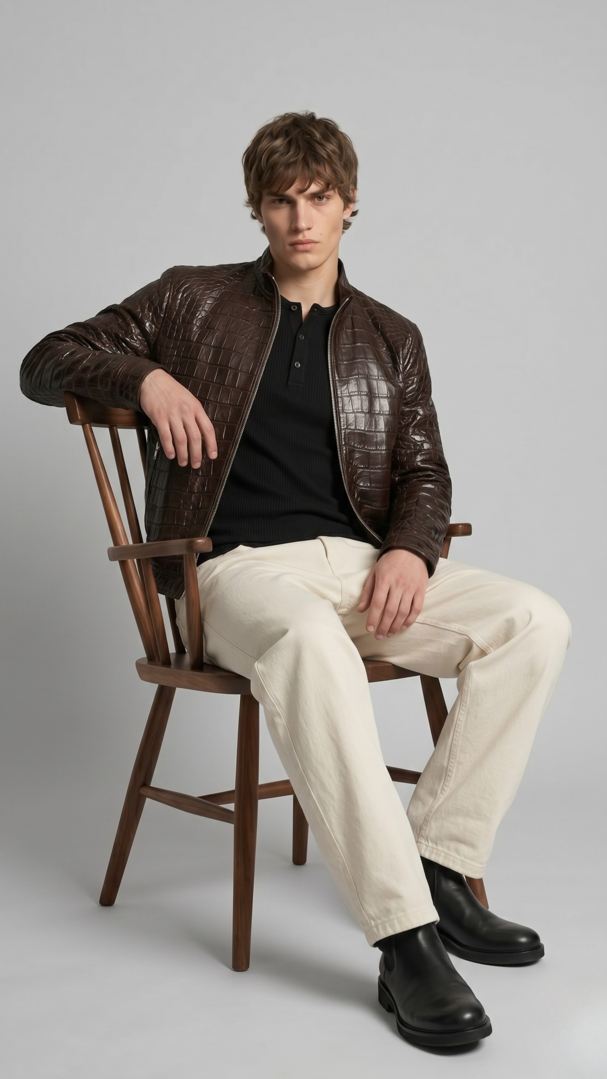 Man sitting on a wooden chair wearing a brown crocodile leather jacket, black shirt, beige pants, and black shoes.