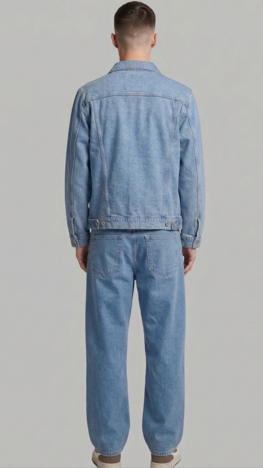 A man viewed from behind wearing a light blue denim jacket and matching light blue denim pants against a plain light gray studio background.