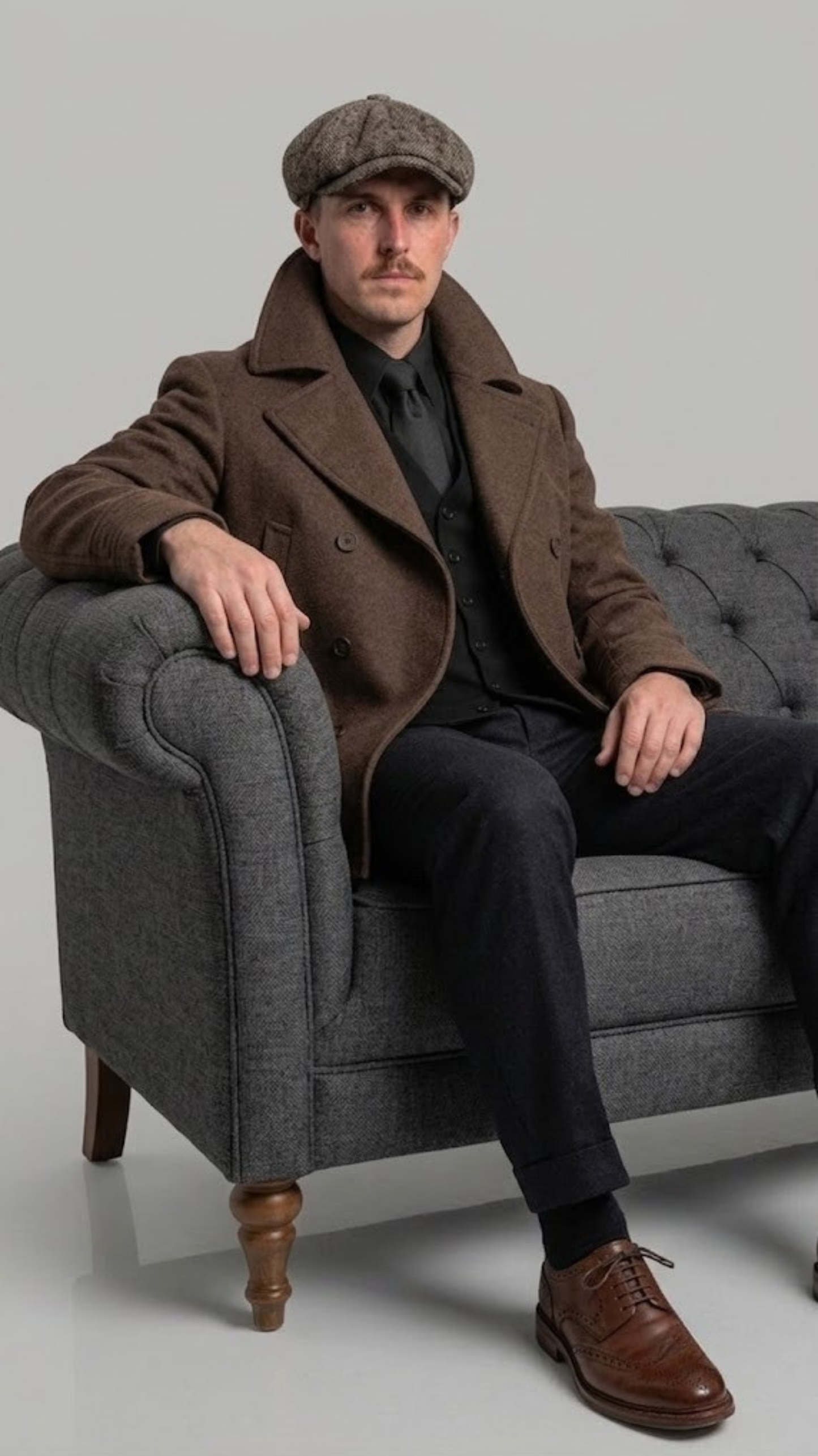 Man in a brown wool pea coat and cap sitting on a gray sofa against a light gray background