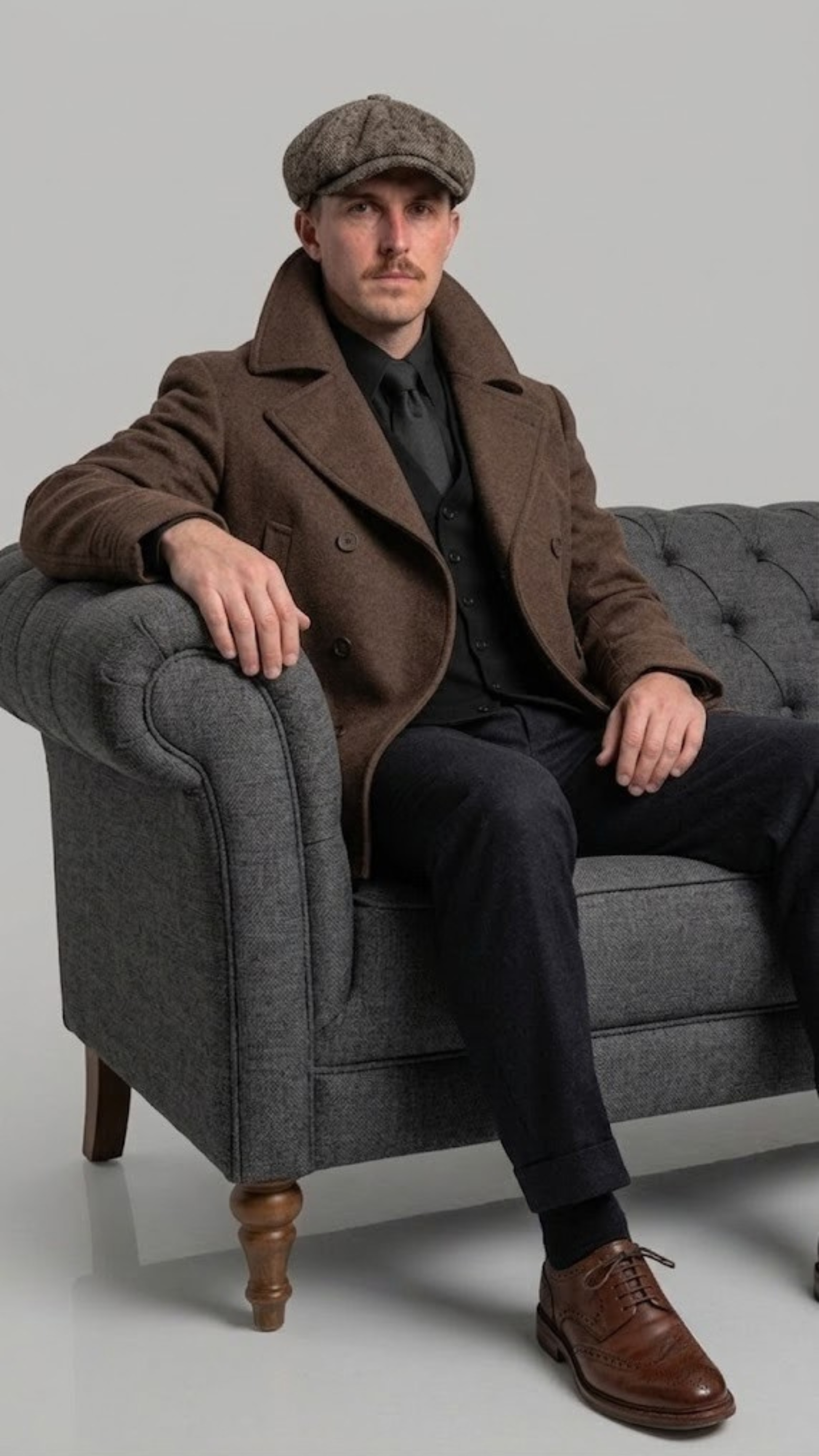 Man in a brown wool pea coat and cap sitting on a gray sofa against a light gray background