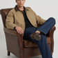 Mens stylish two tone beige and brown leather jacket styled with blue jeans
