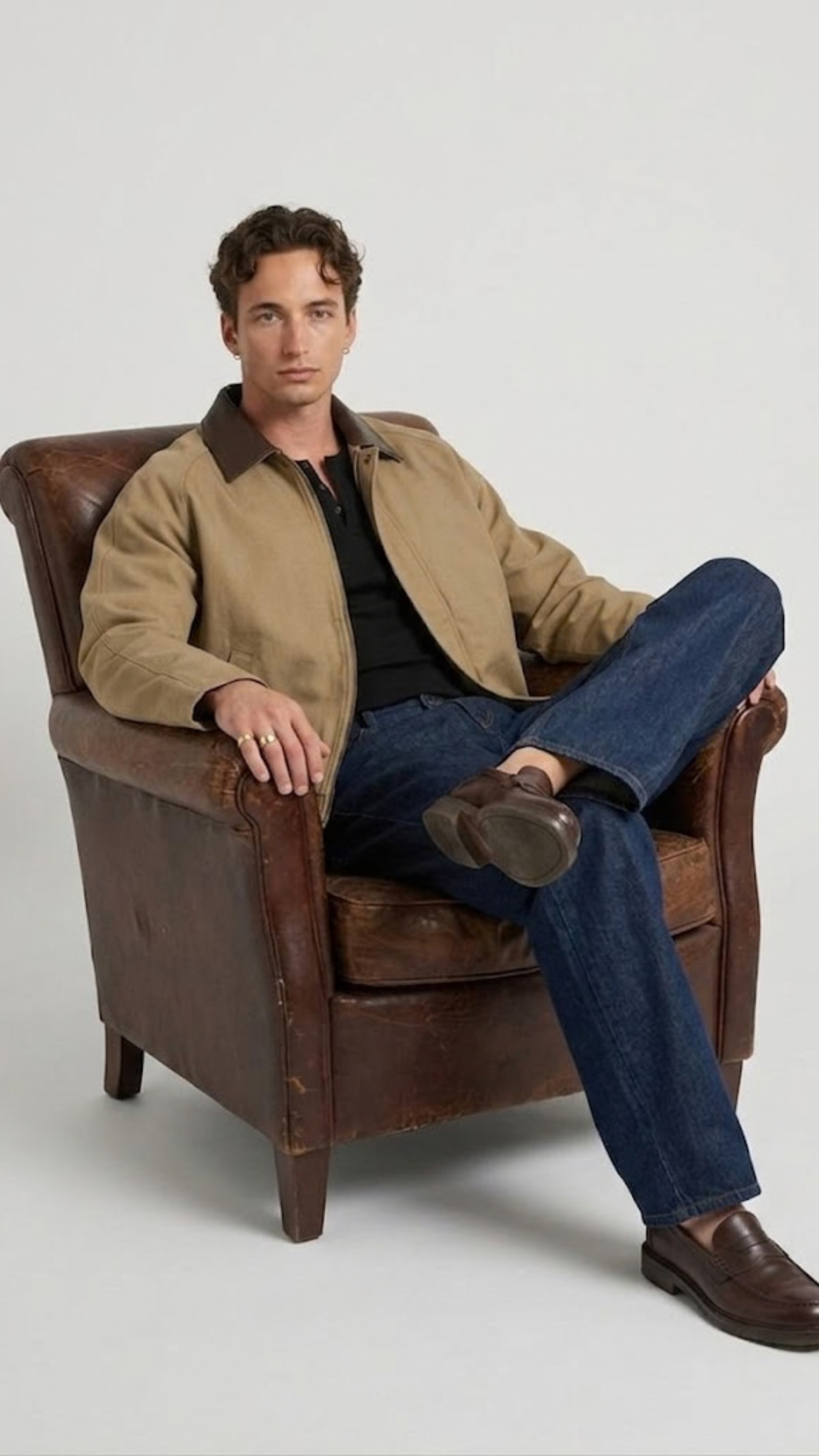 Mens stylish two tone beige and brown leather jacket styled with blue jeans