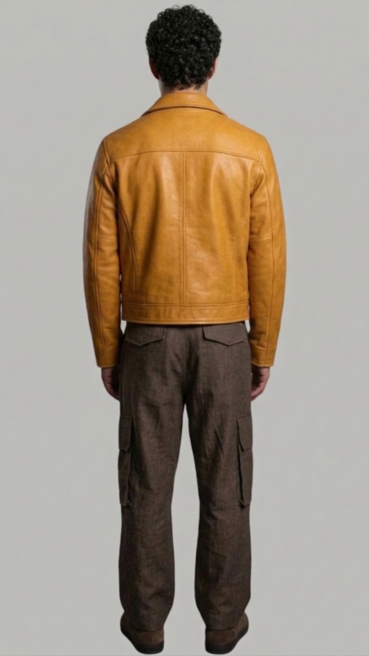 A man viewed from the back wearing a mustard yellow leather jacket and dark brown pants, standing against a solid gray studio background.