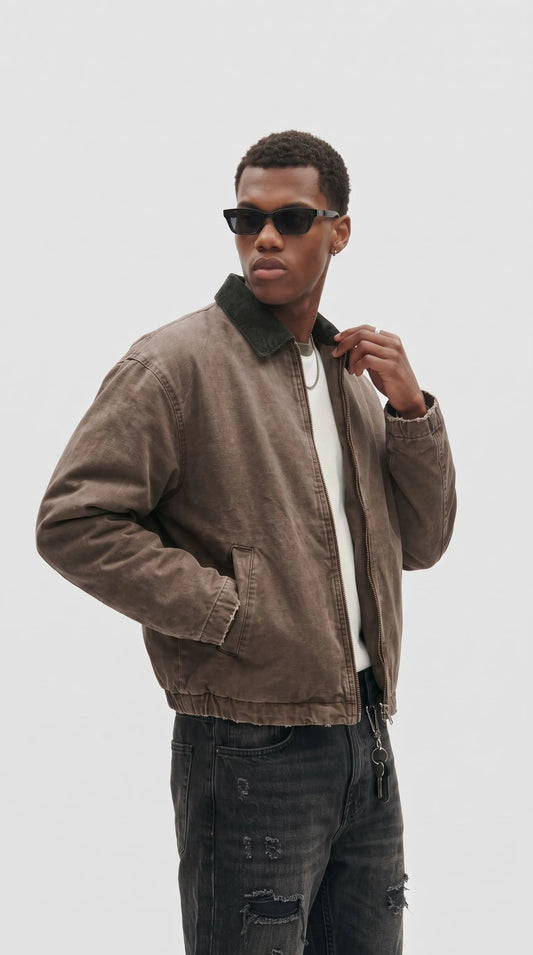 Sun-faded brown cotton canvas Harrington jacket with a charcoal black corduroy point collar, metallic front zipper and practical side pockets, creating a rugged vintage workwear look for modern everyday streetwear.