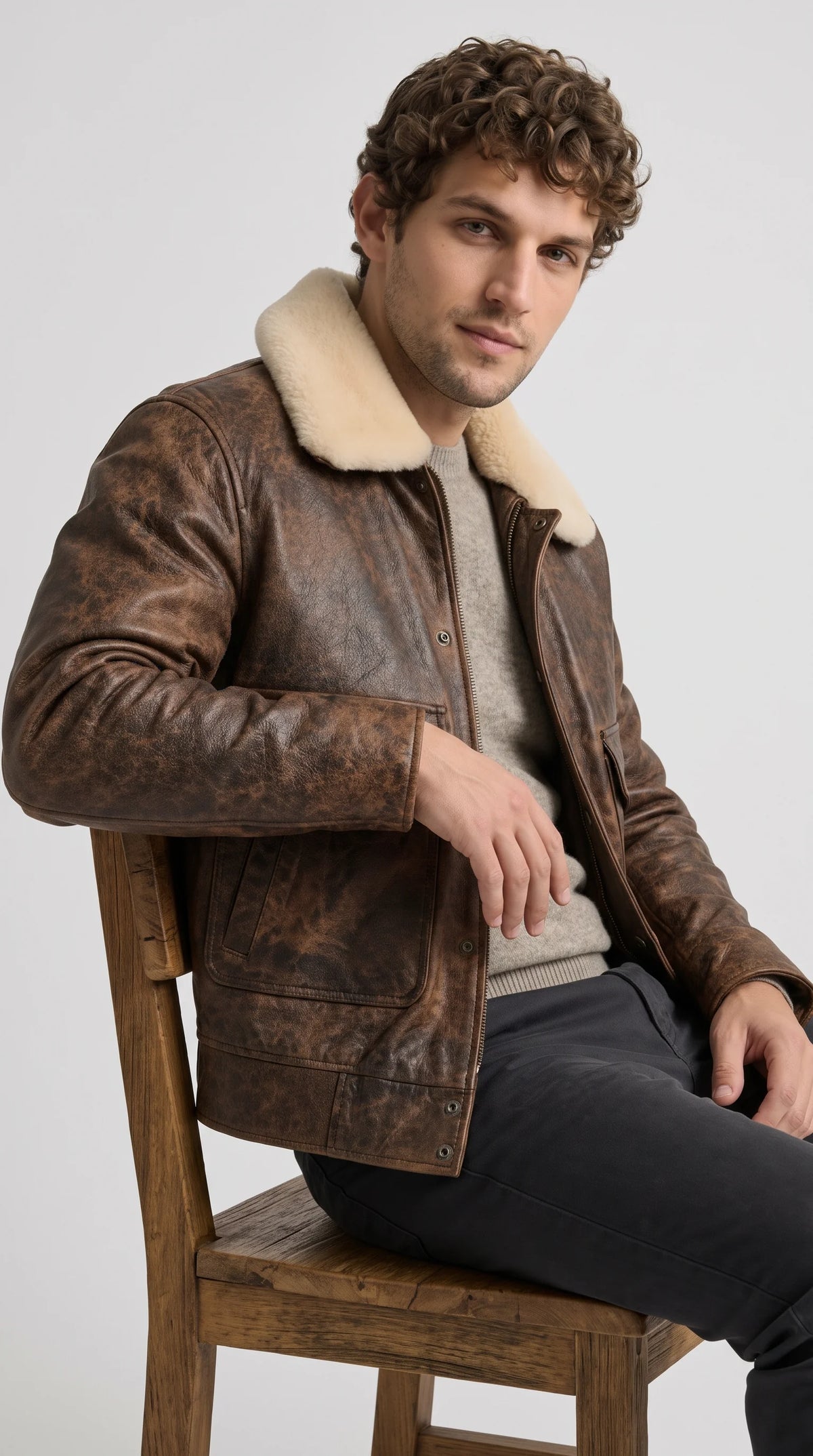 The perfect blend of tactical warmth and defiant street style, this Jackero dark brown distressed leather coat boasts a heavily worn-in aesthetic and a cozy cream collar that demands immediate respect.