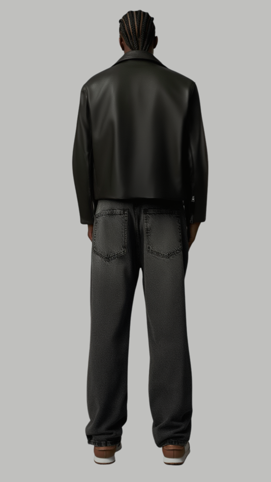Straight-on back view of a minimalist dark black leather harrington jacket displaying a clean panel structure and premium shoulder fit.