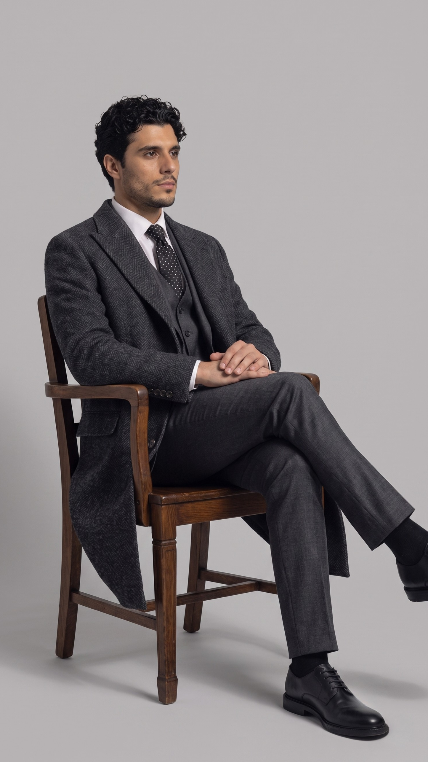 Men's sophisticated winter fashion showcasing a tailored dark grey wool overcoat styled for a sharp, professional look.