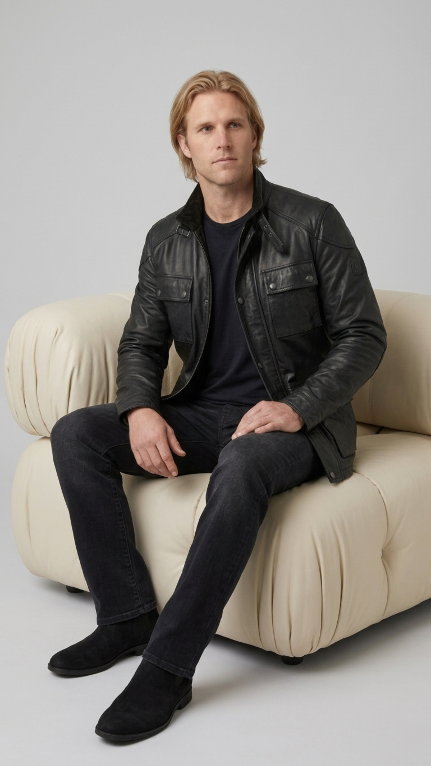 Men's rugged contemporary fashion showcasing a structured black leather military jacket styled for a bold, functional look.