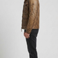 Regular fit men's brown weathered leather utility coat displaying a clean profile, sharp collar, and comfortable waist alignment.