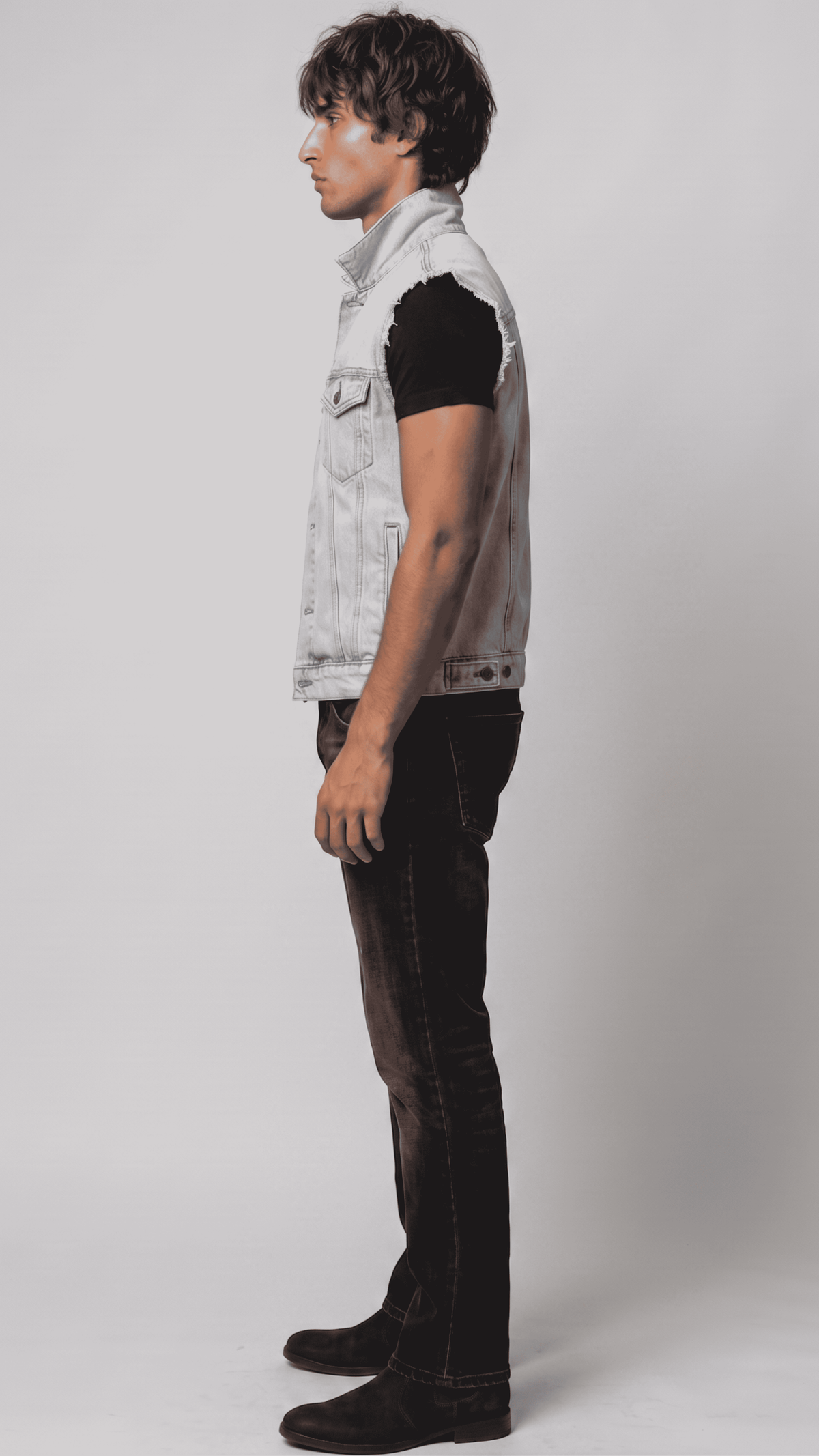 Regular fit men's light blue denim gilet displaying traditional vertical seams, waist tabs, and a comfortable tailored alignment.