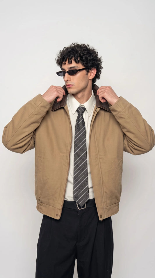 Men's tan canvas bomber jackero jacket with brown leather collar styled over a white dress shirt and striped tie