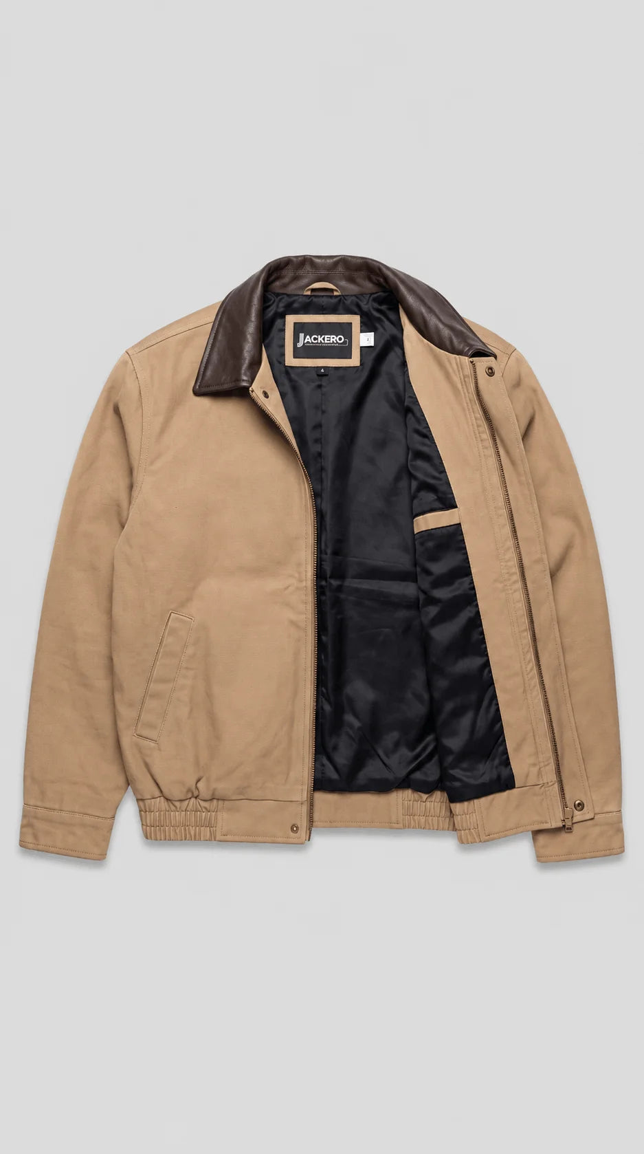 tan canvas bomber cotton jackero jacket with brown leather collar styled