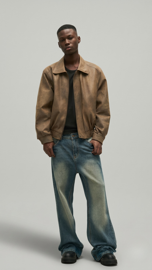 Jackero premium tan leather bomber jacket for men featuring a metallic zipper closure and classic ribbed knit hem.  