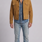 tan suede jacket featuring a sleek front zipper closure and minimalist classic collar design.