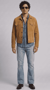 tan suede jacket featuring a sleek front zipper closure and minimalist classic collar design.