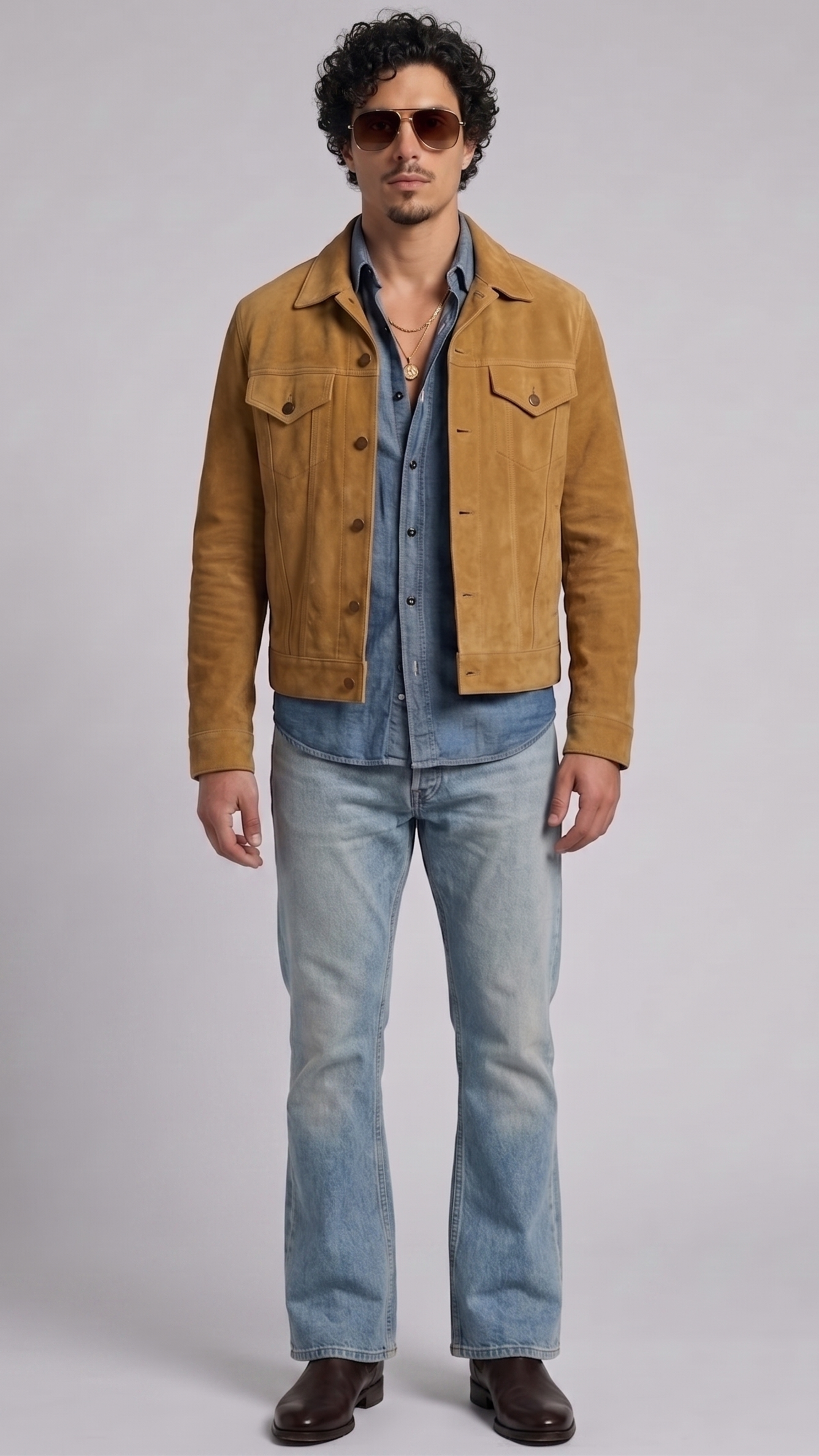 tan suede jacket featuring a sleek front zipper closure and minimalist classic collar design.