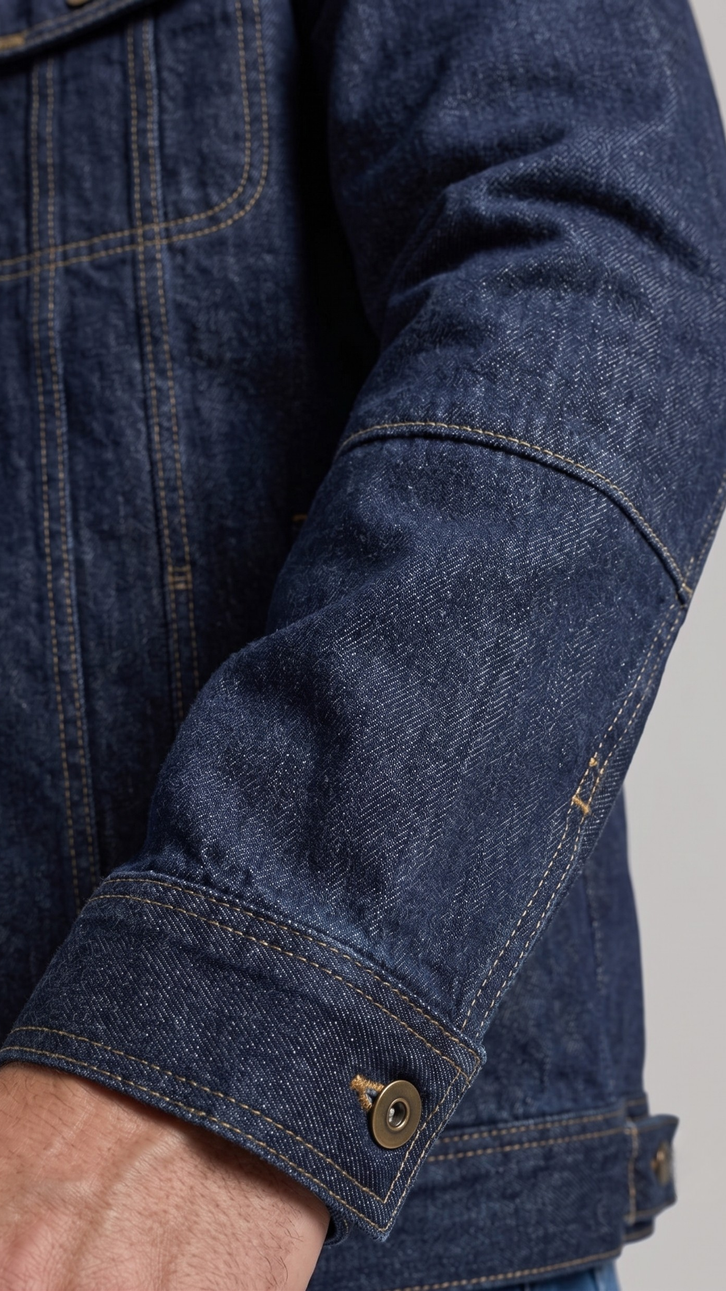 Close-up of a person wearing a dark blue denim jacket with rolled-up sleeve on a gray background