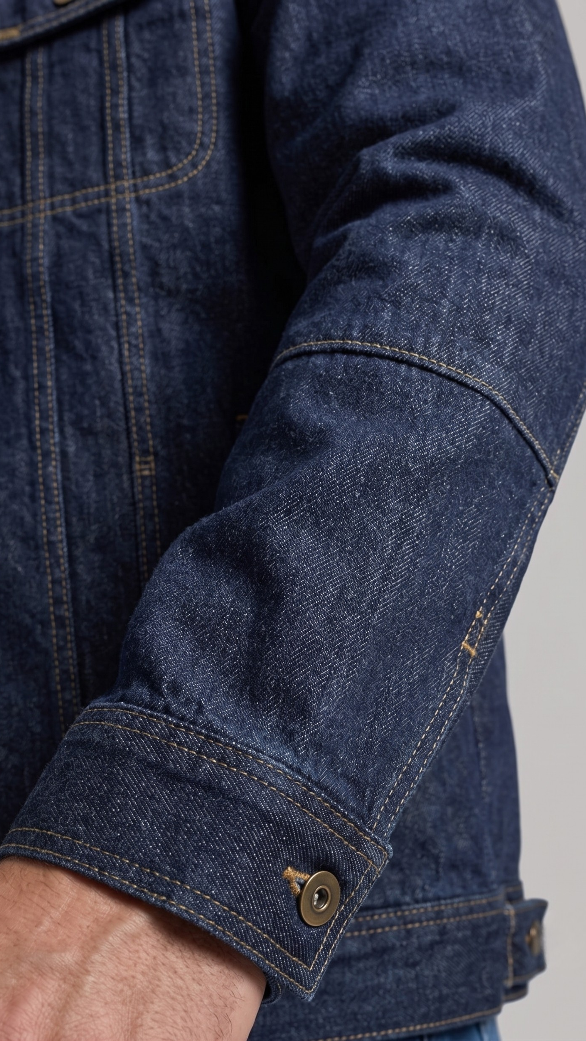 Close-up of a person wearing a dark blue denim jacket with rolled-up sleeve on a gray background