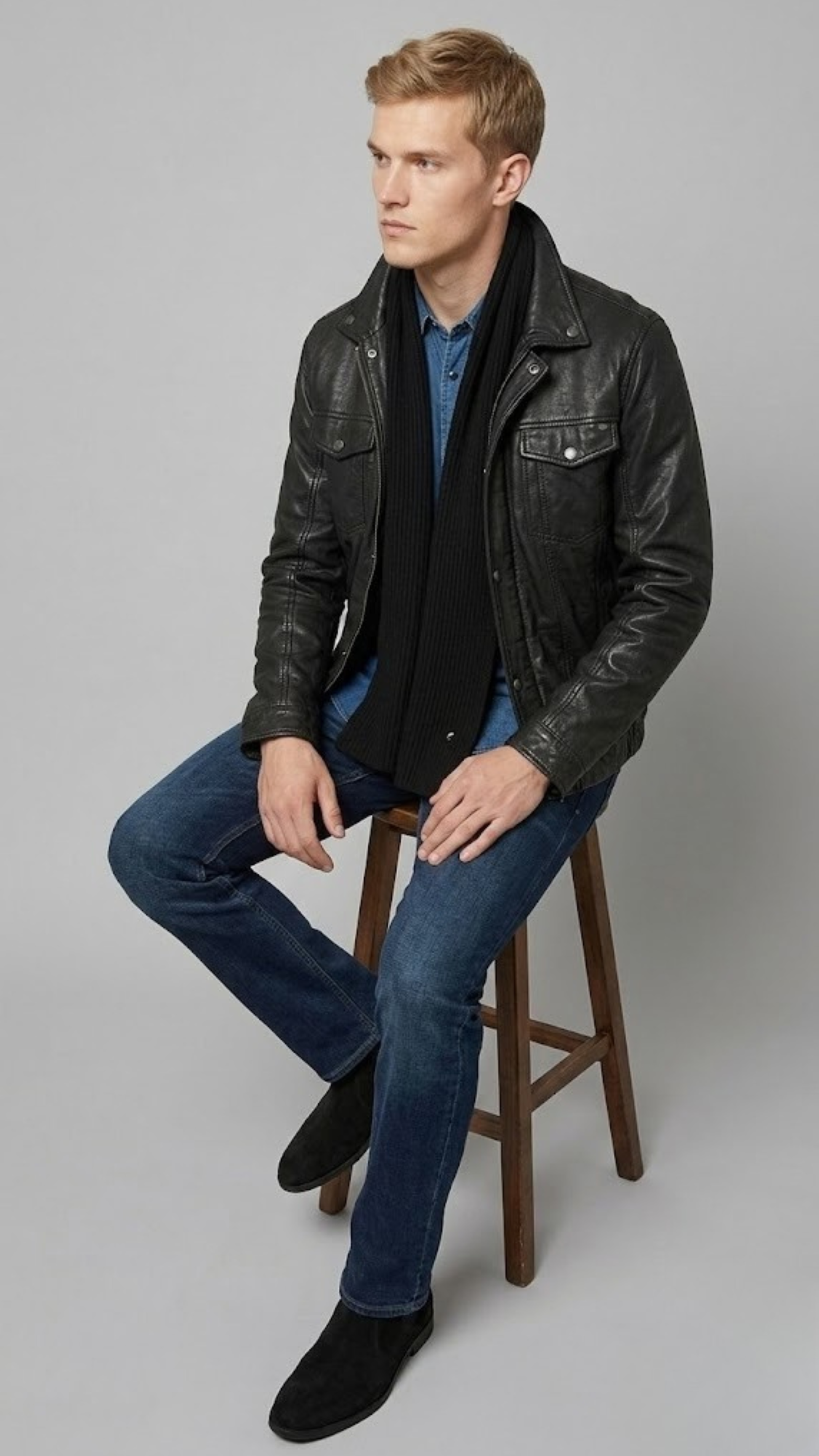 Contemporary lifestyle streetwear look presenting a sleek black leather button-up jacket with functional flap pockets.