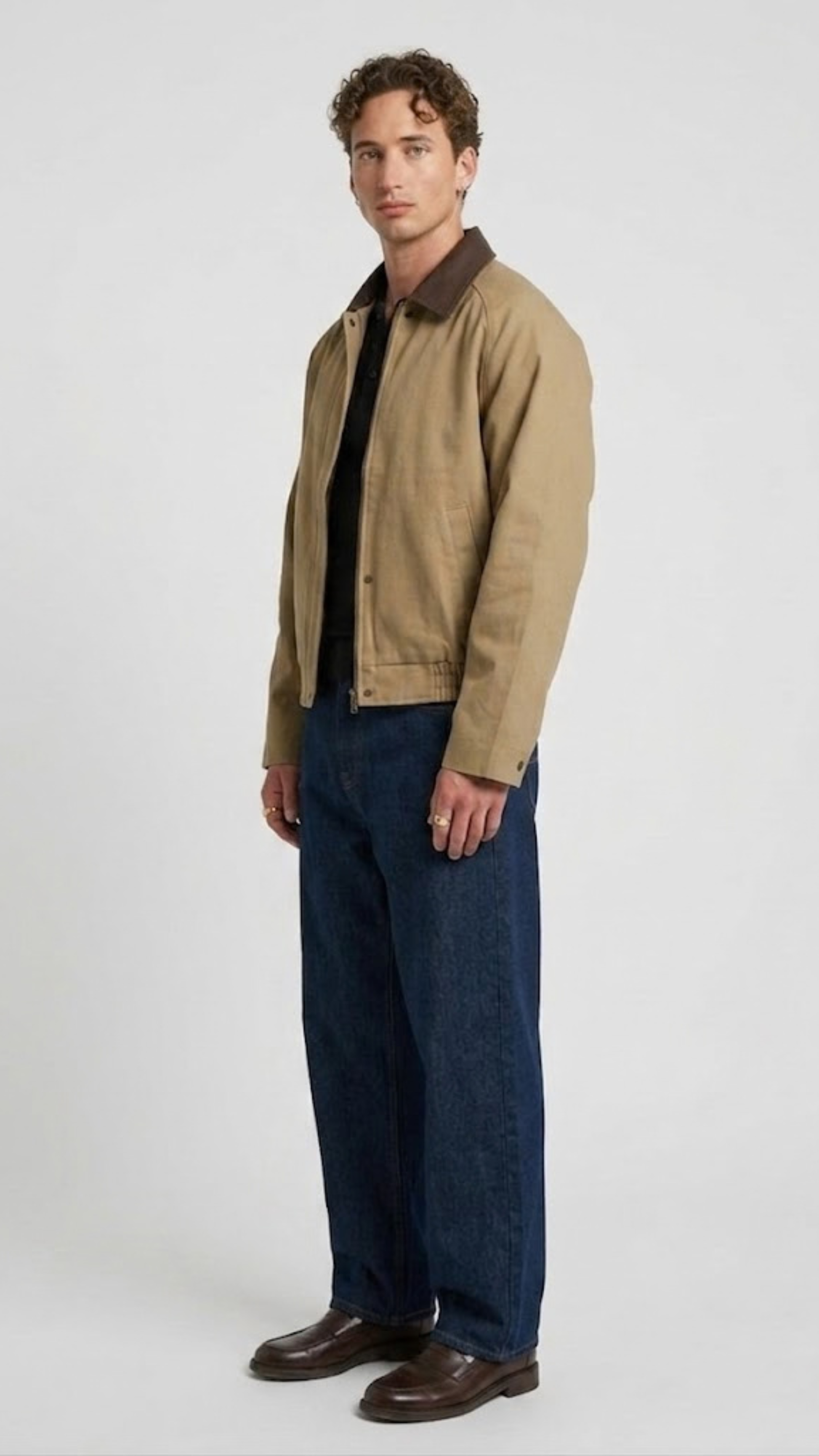Mens stylish two tone beige and brown leather jacket styled with blue jeans