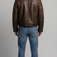 Mens classic aviator jacket crafted from rich dark brown leather with a warm, striking black shearling lining.