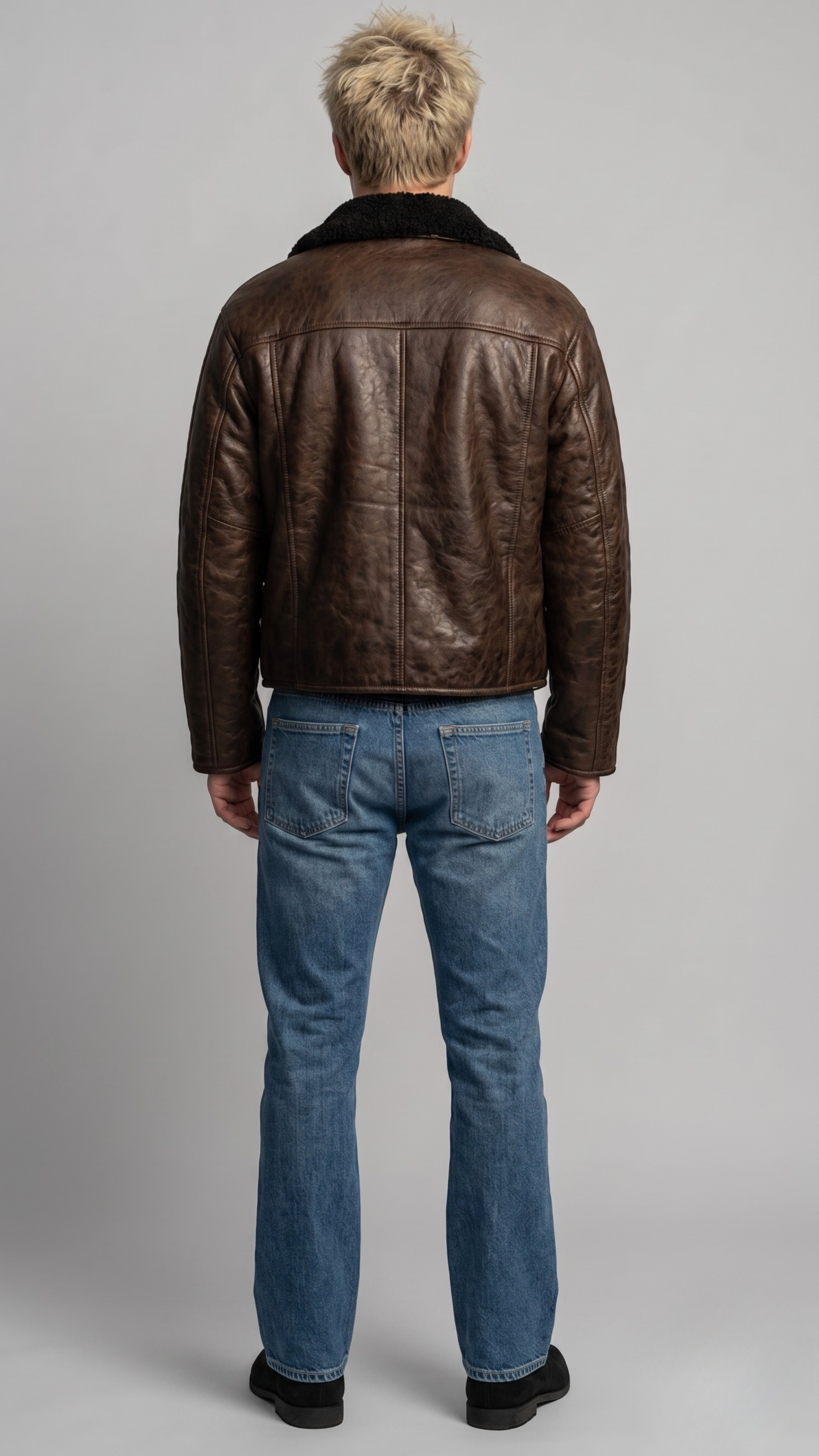 Mens classic aviator jacket crafted from rich dark brown leather with a warm, striking black shearling lining.