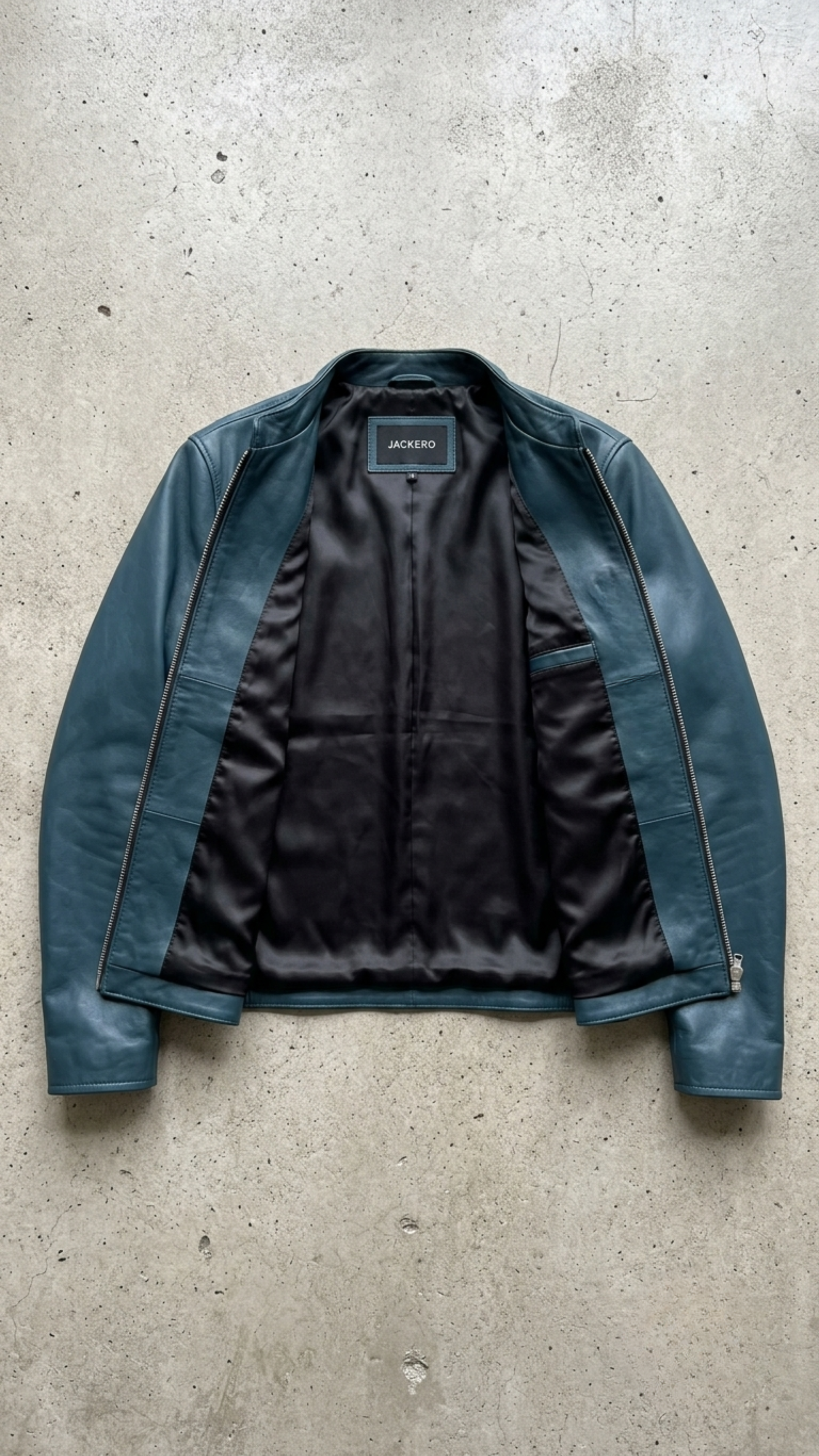 E-commerce product flat lay presentation featuring the contemporary dark cyan leather jacket neatly laid out on a professional studio backdrop.