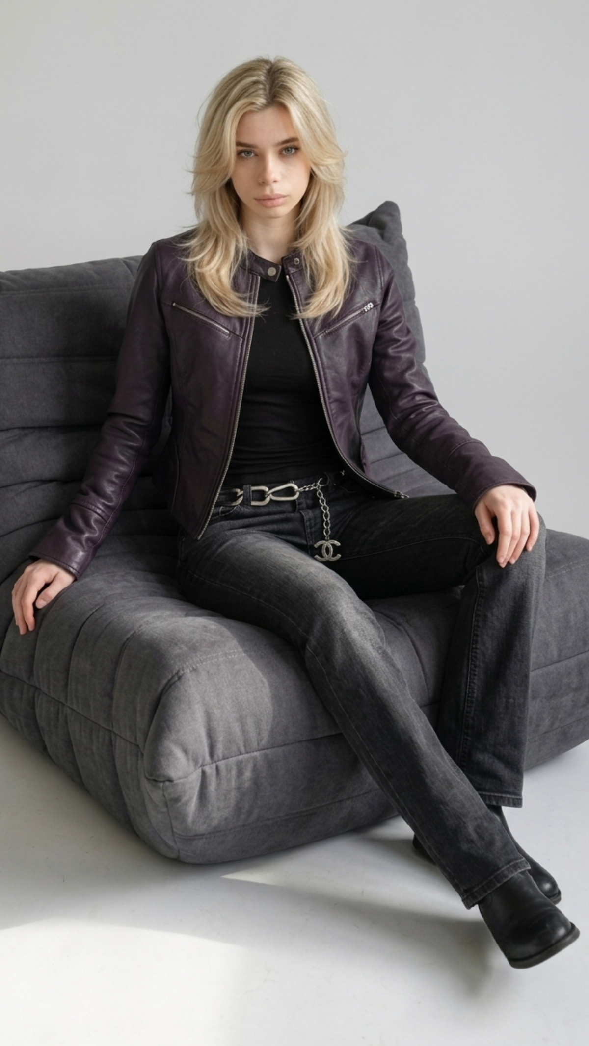 Showcasing a bold seasonal outfit centered around a statement dark plum genuine leather rider coat.