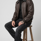 Tailored fit premium dark brown and black textured leather outerwear designed for sophisticated casual streetwear.