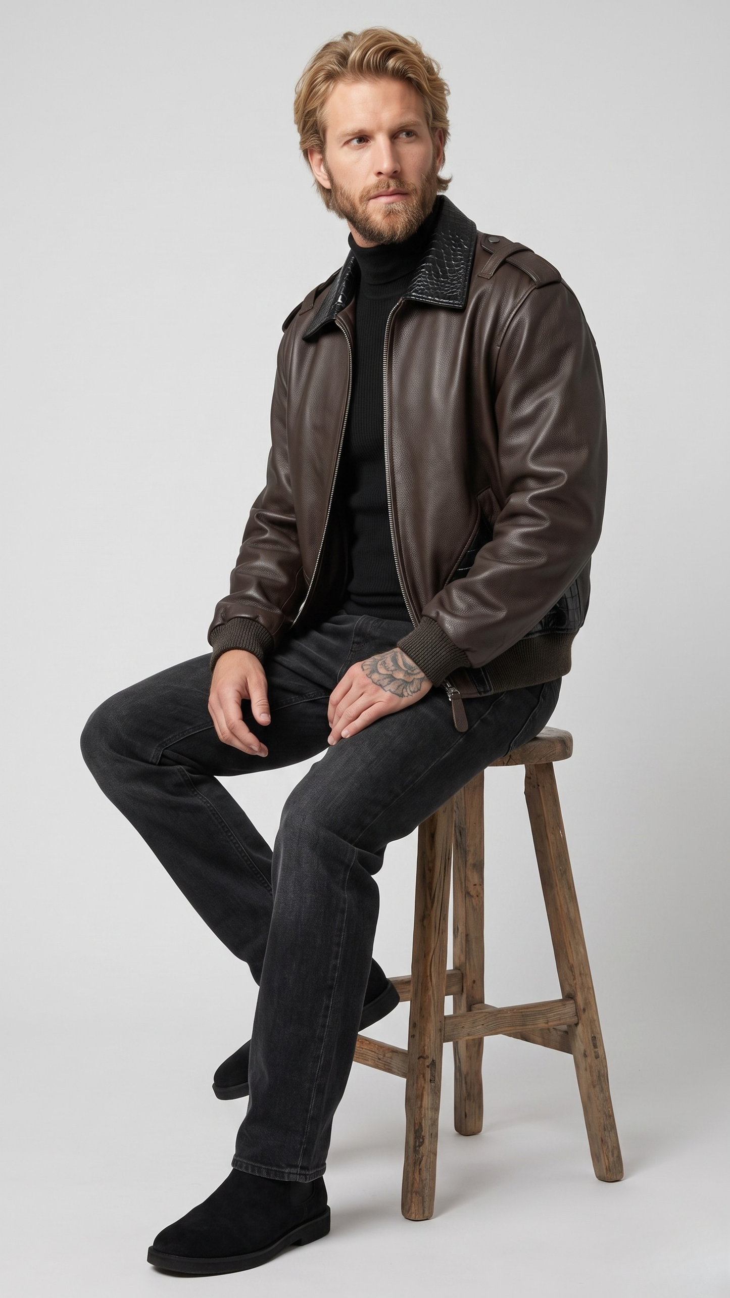 Tailored fit premium dark brown and black textured leather outerwear designed for sophisticated casual streetwear.