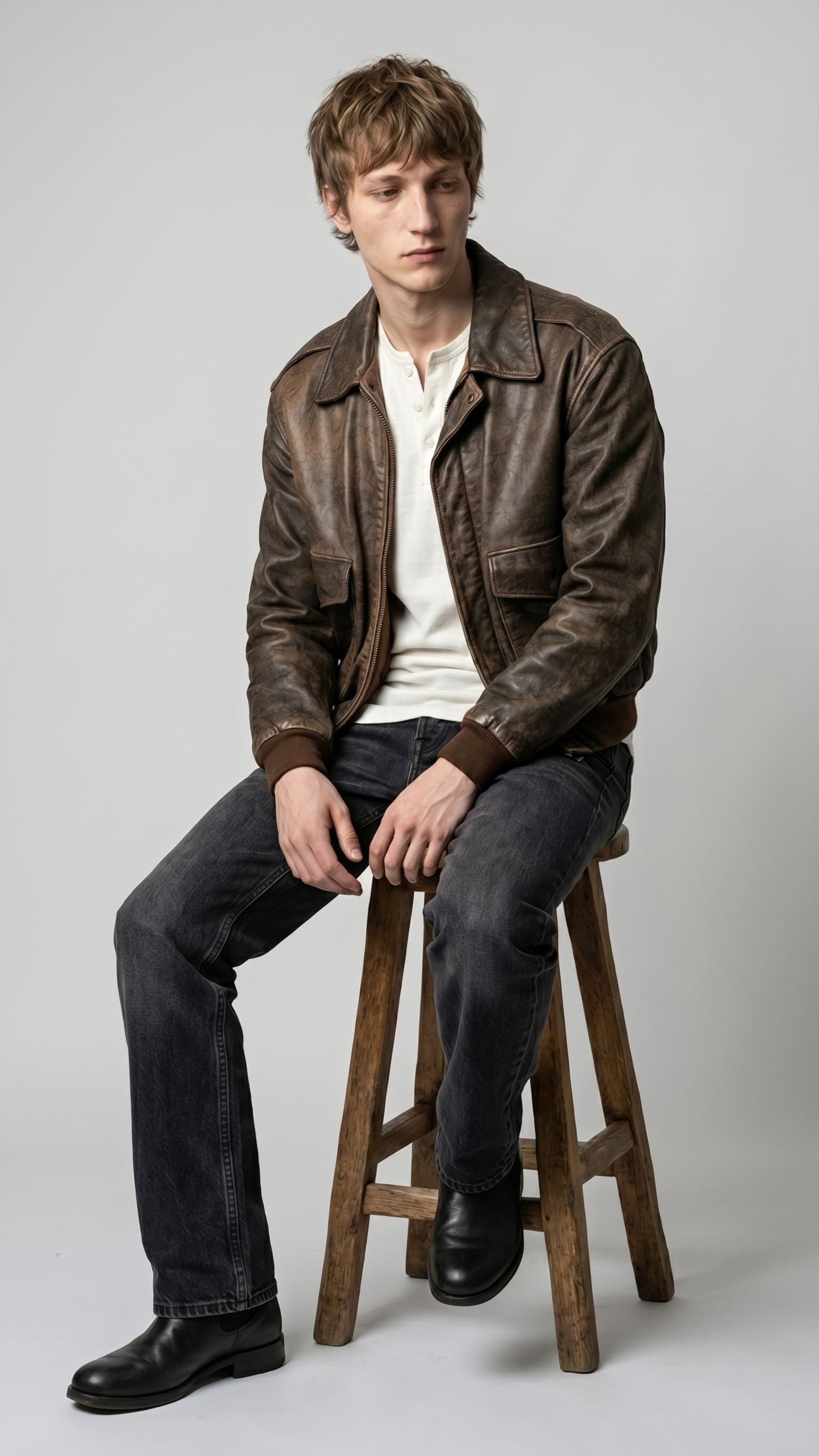 Rugged men's outdoor lifestyle photography showcasing a casual timeless outfit anchored by a luxury vintage brown leather pilot coat.