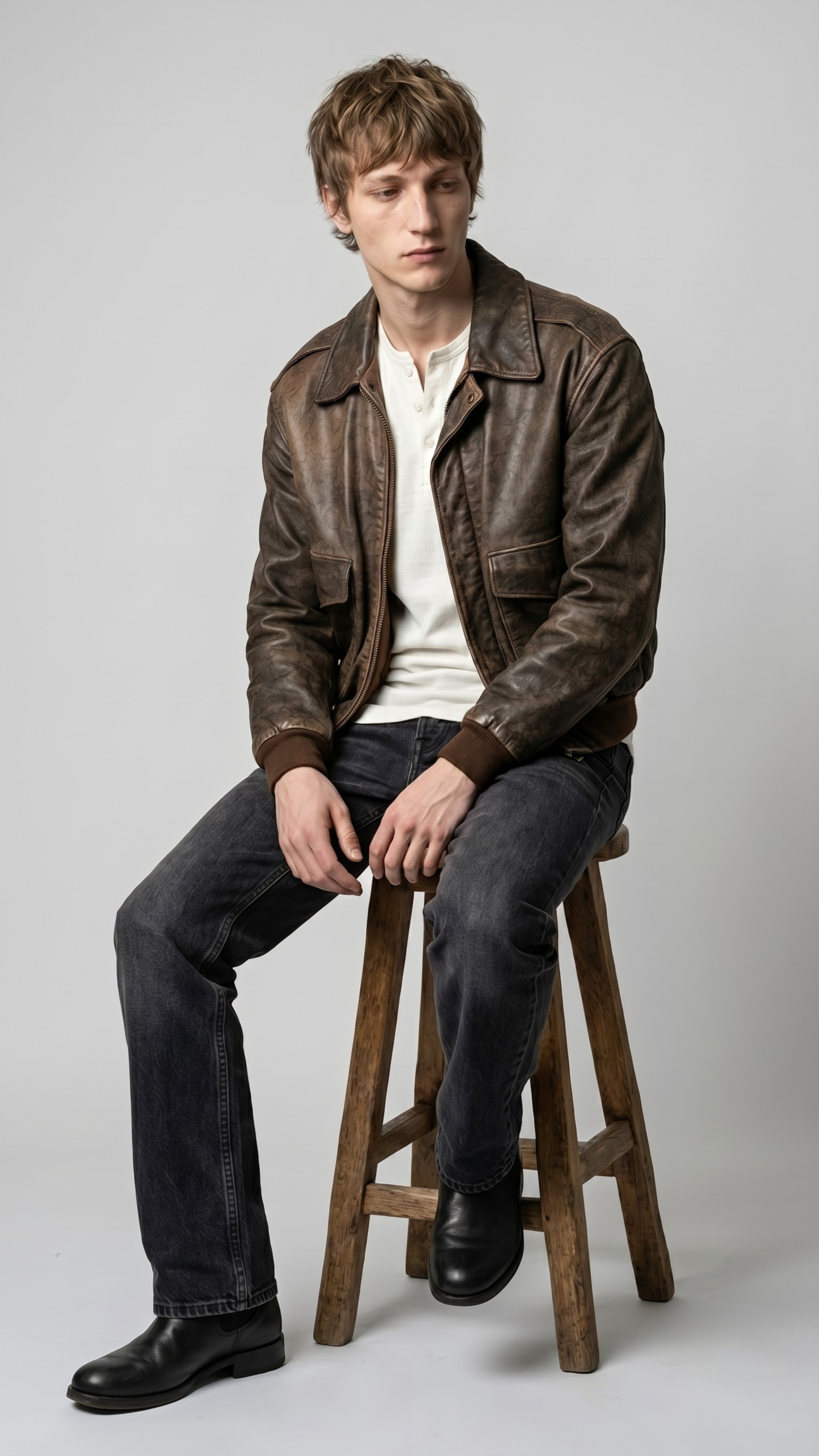 Rugged men's outdoor lifestyle photography showcasing a casual timeless outfit anchored by a luxury vintage brown leather pilot coat.