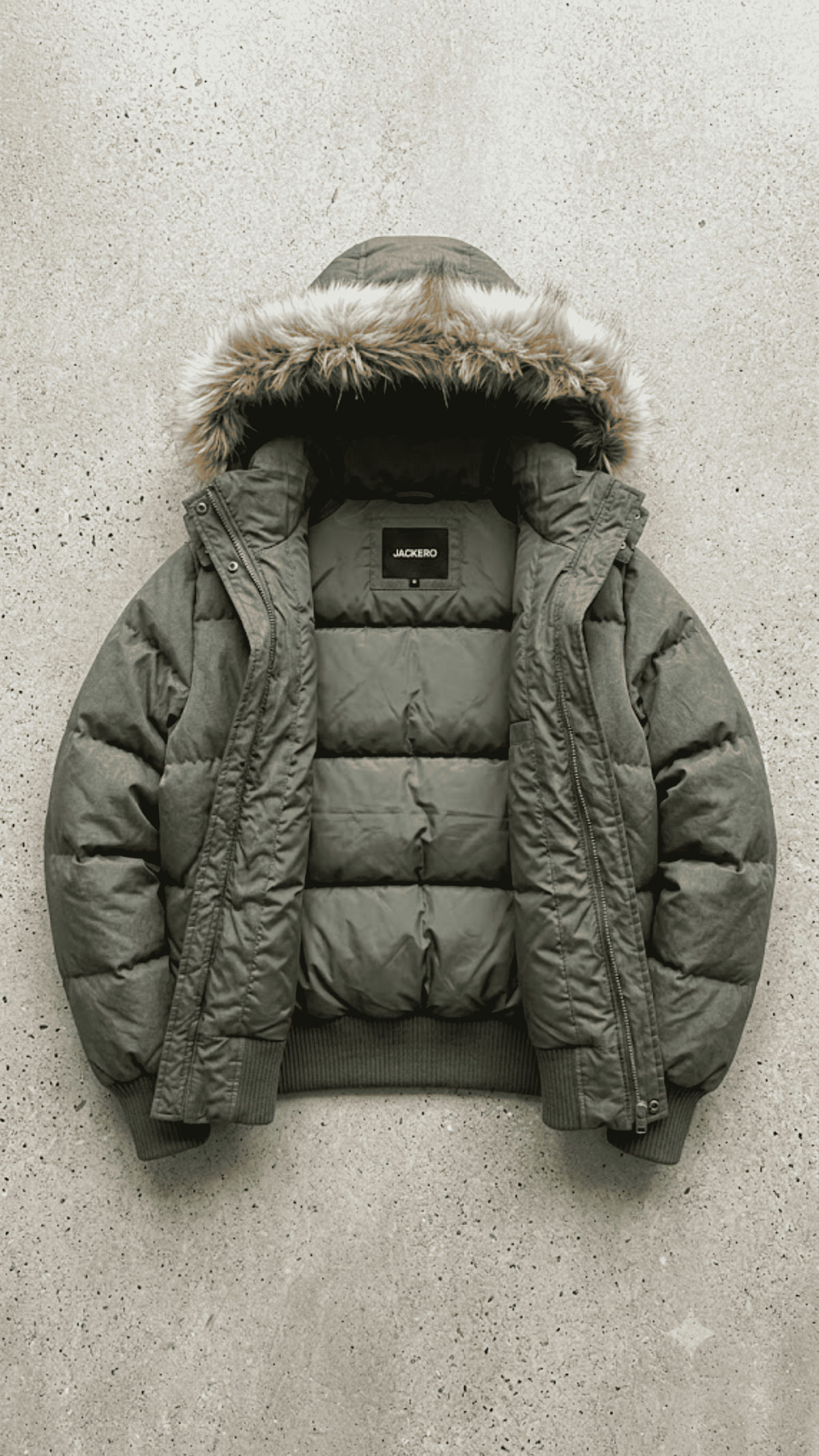 Flat lay presentation of Jackero olive green oversized puffer jacket showing soft inner lining and padded construction