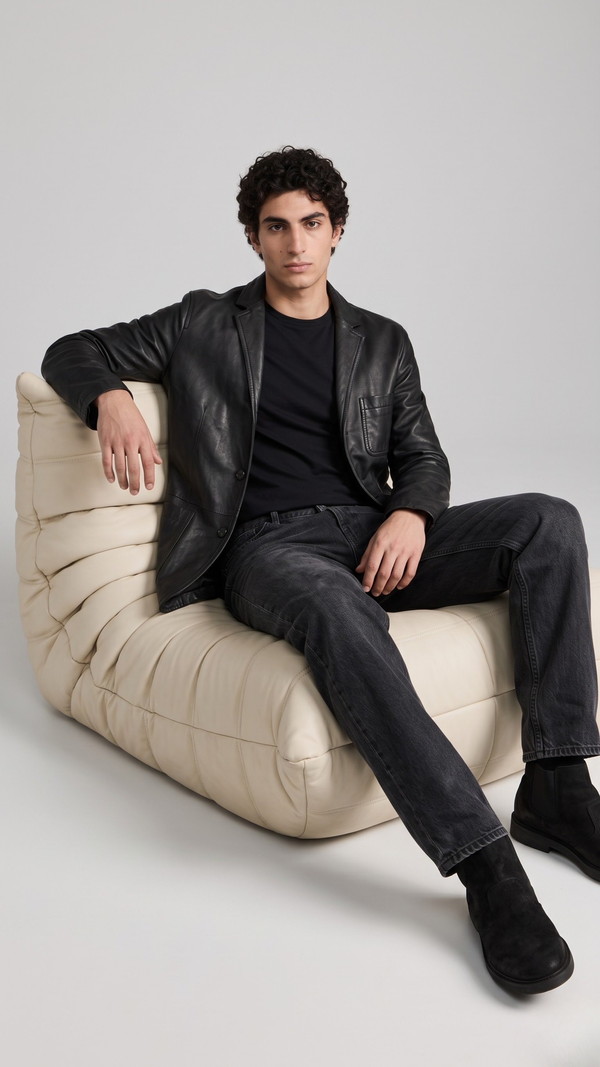 Men's contemporary high-fashion presentation featuring a sleek black leather sportcoat styled for an edgy, high-end look.