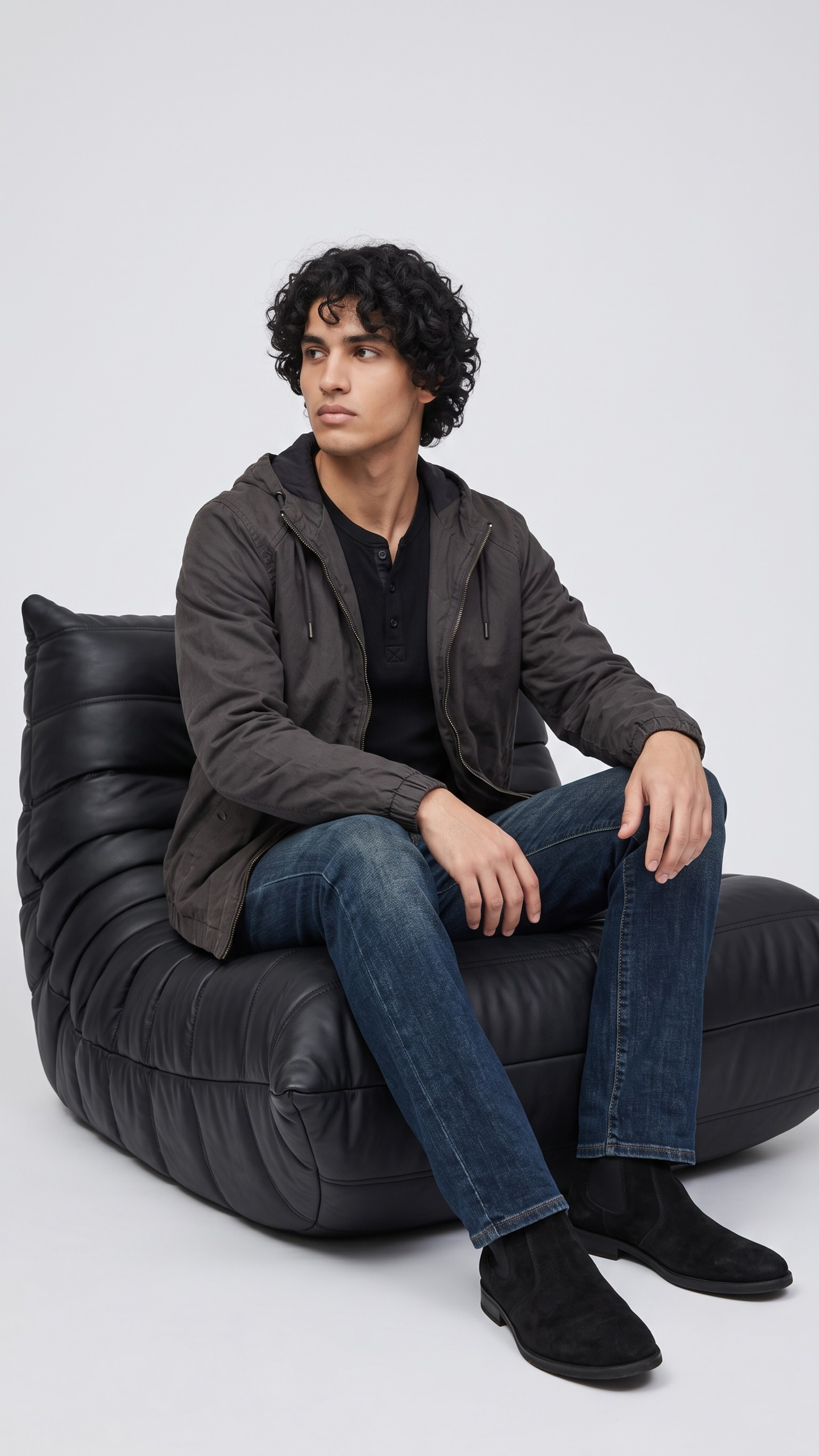 Men's contemporary high-fashion presentation featuring a sleek dark grey hooded jacket styled for a modern street-luxe look.