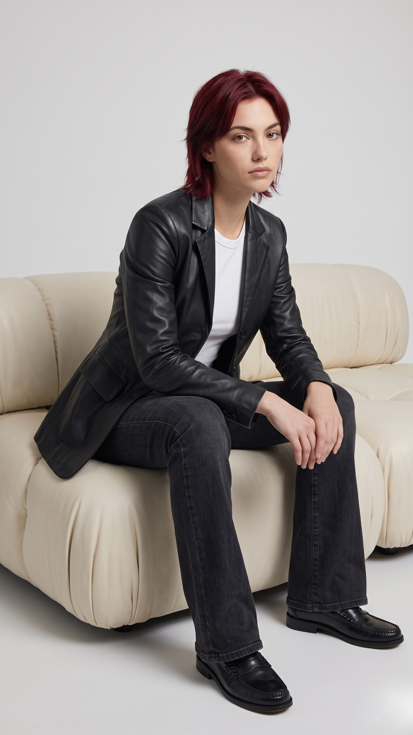Women's contemporary high-fashion presentation featuring a sleek black leather blazer styled for a bold, modern look.