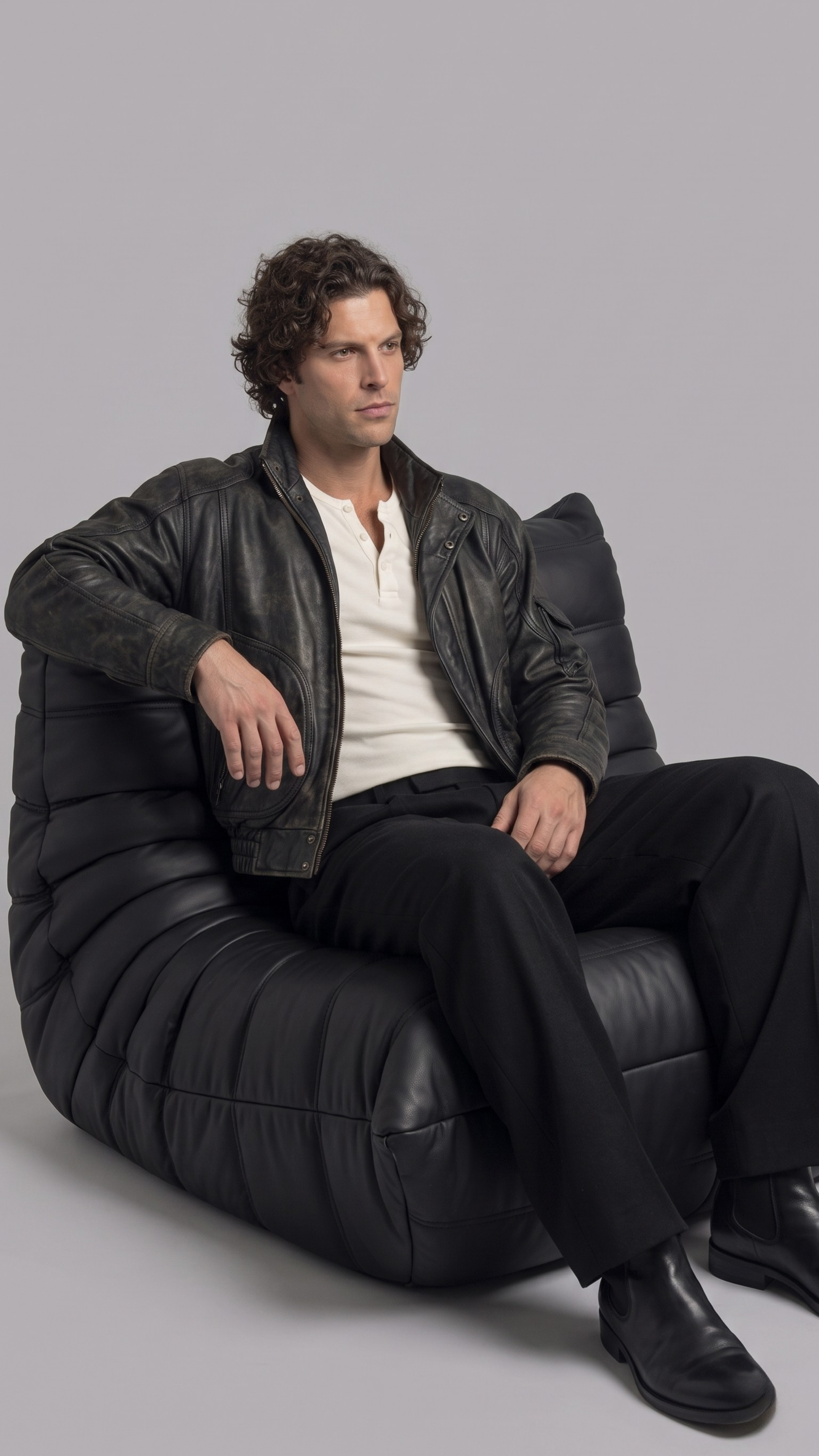 Men's edgy street fashion featuring a structured black distressed leather jacket styled for a timeless, rugged biker look.