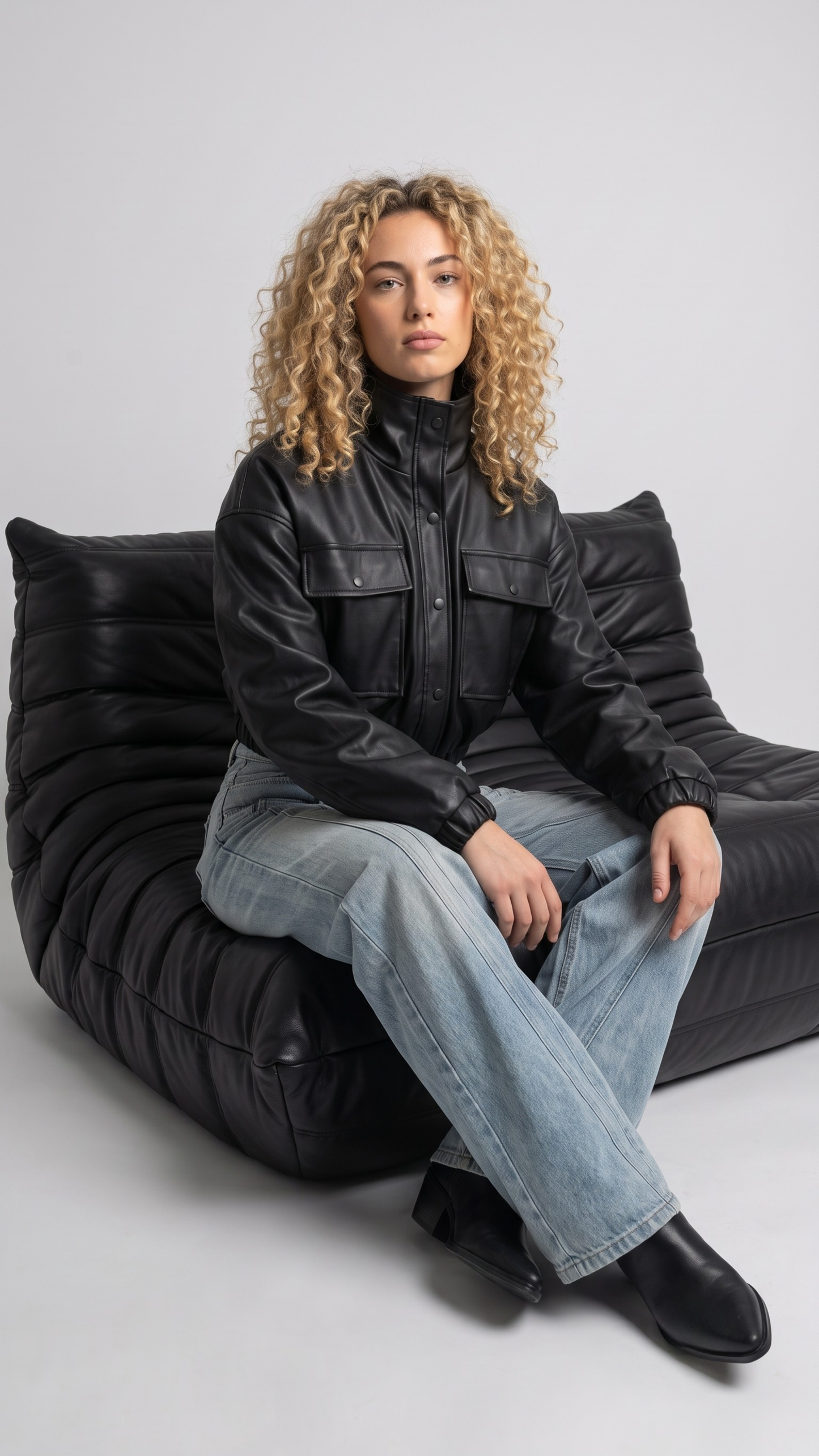 Contemporary urban street fashion featuring a structured black leather short jacket styled effortlessly for a bold, high-fashion layered look.