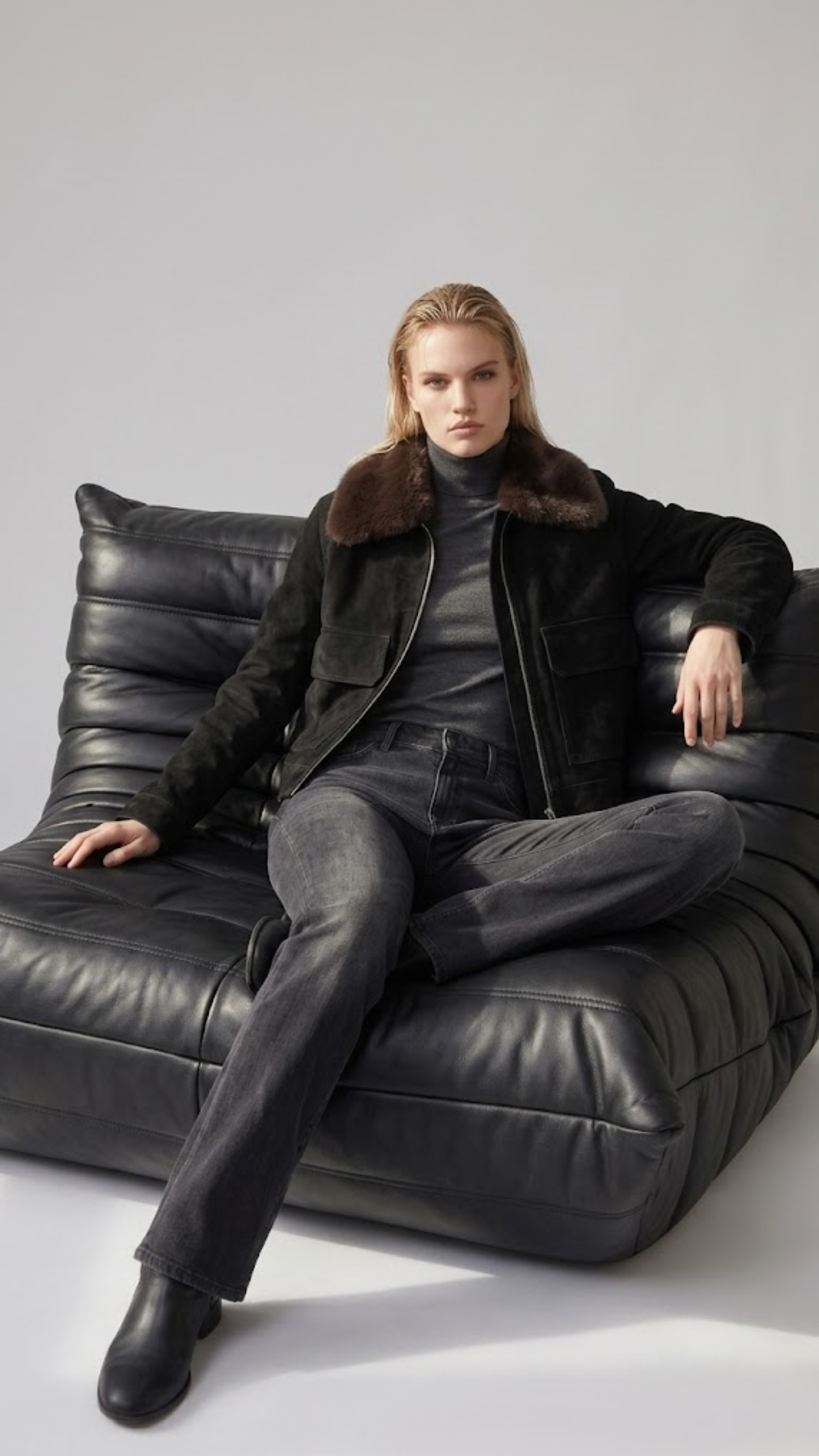 winter fashion featuring a heavy-duty black suede aviator coat with dark chocolate fur styled for an upscale streetwear look.