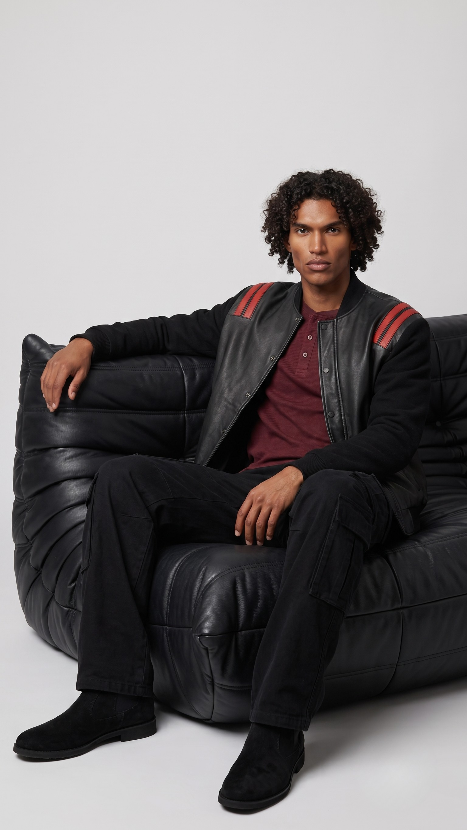 Men's contemporary urban fashion featuring a structured black and red leather bomber jacket styled for a sharp, sporty streetwear look.