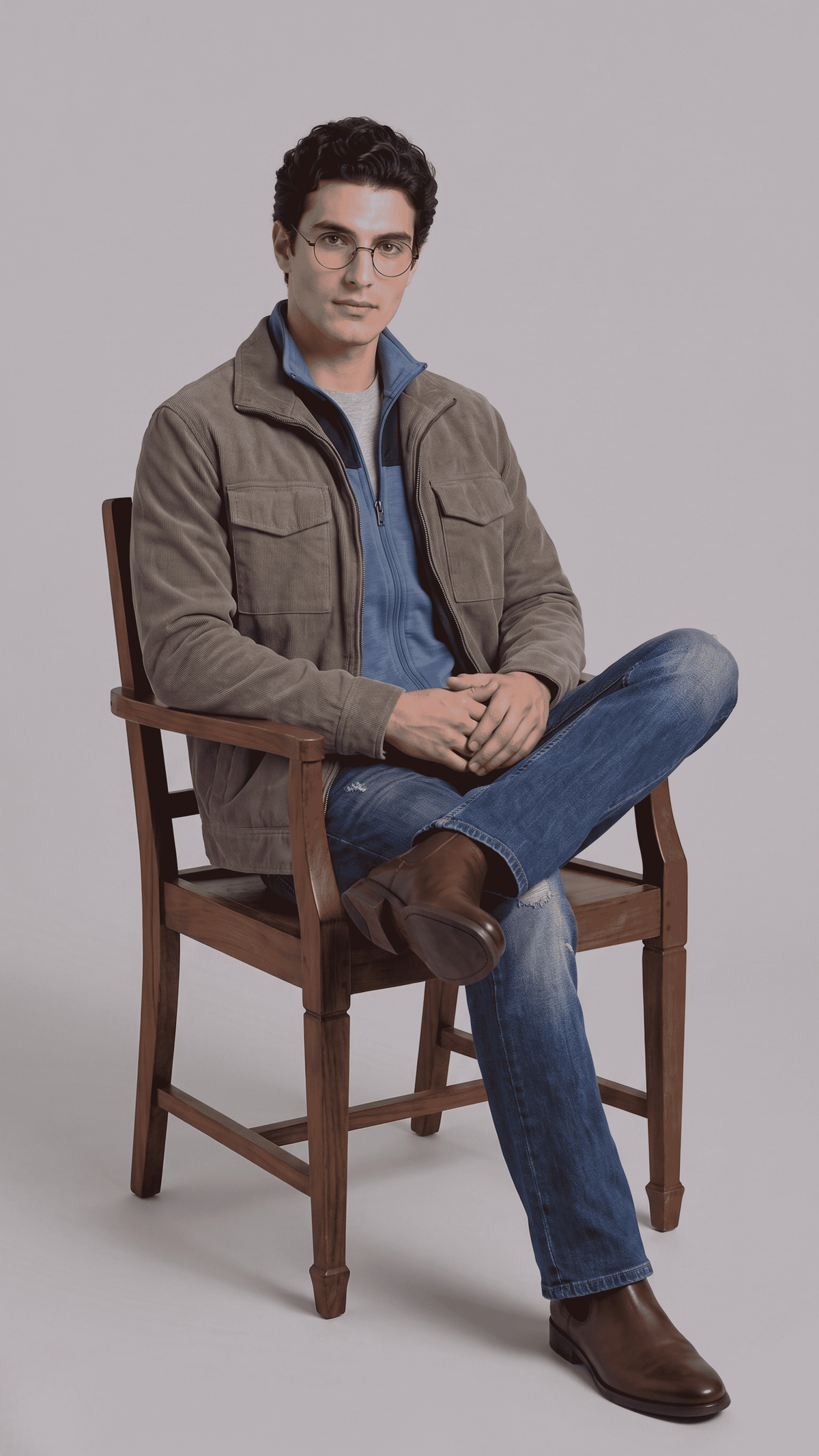 Men's urban streetwear fashion featuring a structured dark grey utility suede jacket styled for a rugged look.