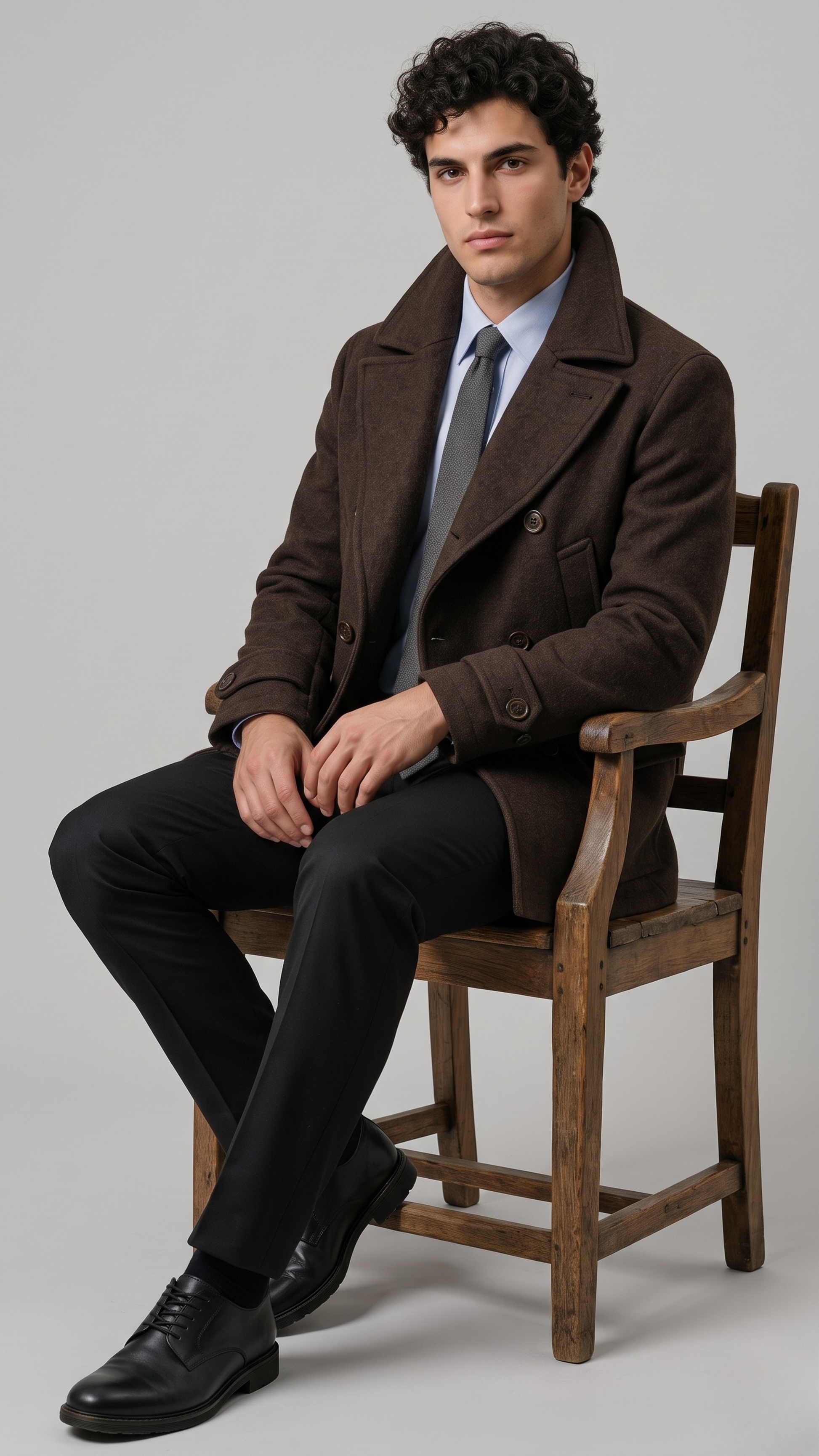 Men's sophisticated winter fashion showcasing a tailored dark chocolate brown wool overcoat for a sharp, formal look.