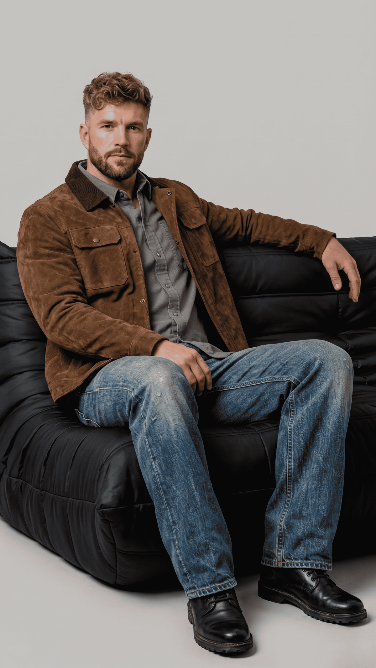 Men's timeless winter fashion showcasing a structured dark chocolate brown suede jacket styled effortlessly for a smart look.