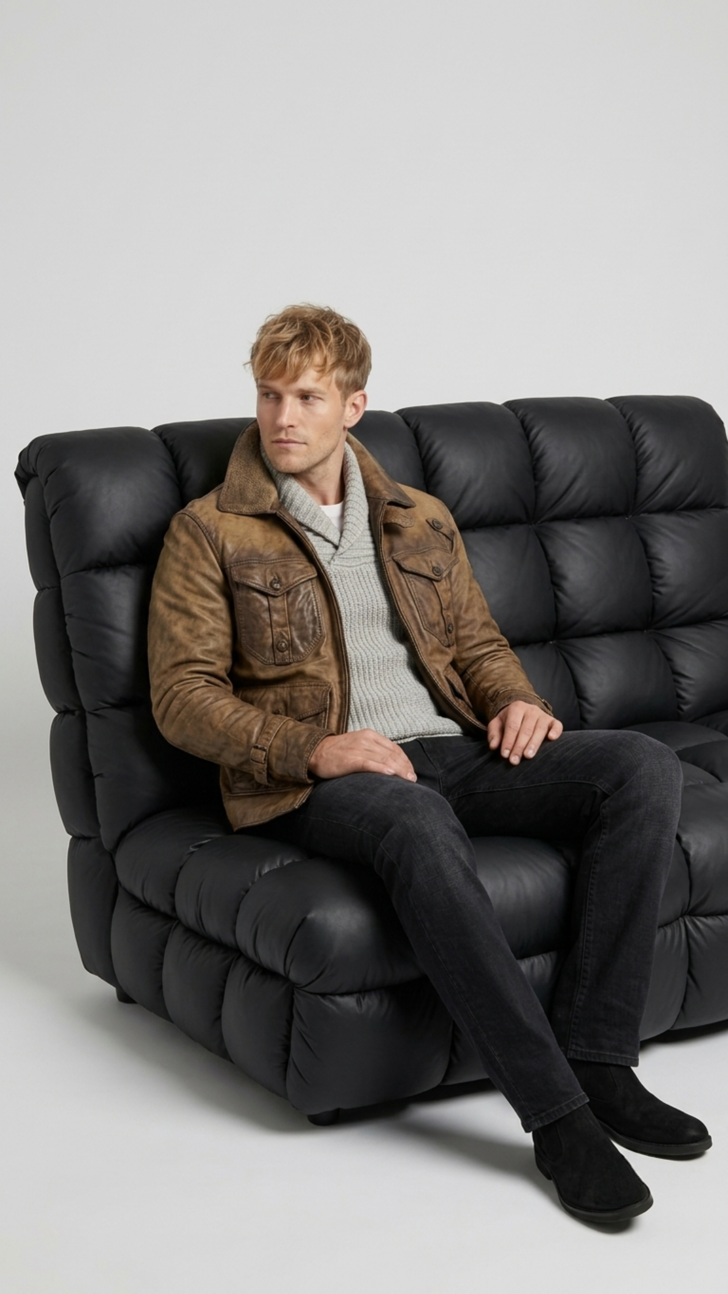 Men's rugged heritage fashion featuring a structured brown distressed leather military jacket styled for an authentic vintage look.