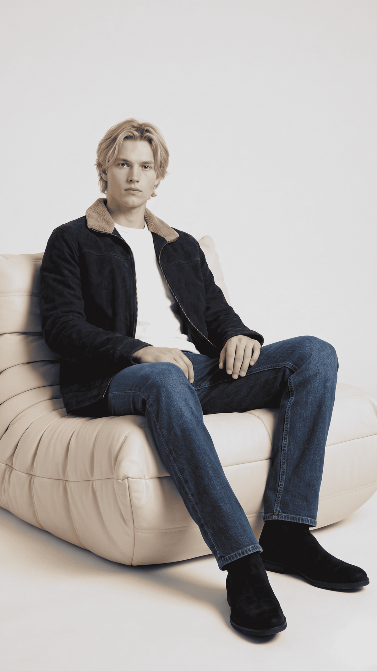 Men's rugged winter fashion featuring a stylish dark chocolate brown suede aviator jacket with warm shearling trim.