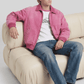 Regular fit blush pink suede jacket displaying the matching elastic waistband and ribbed cuffs for a secure, comfortable fit.