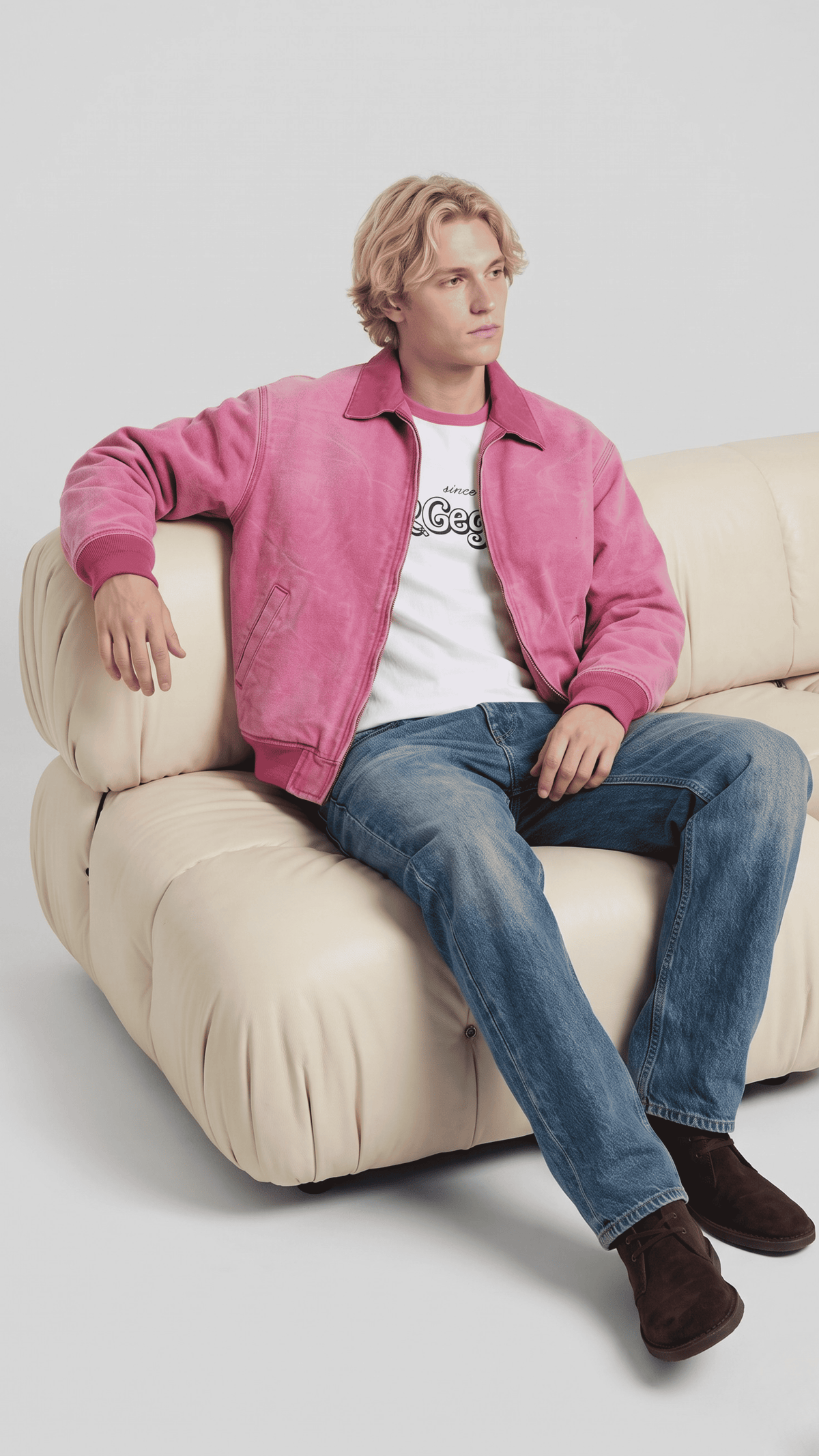 Regular fit blush pink suede jacket displaying the matching elastic waistband and ribbed cuffs for a secure, comfortable fit.