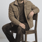 Men's heavy winter fashion featuring a stylish military-inspired olive cotton shearling bomber coat.