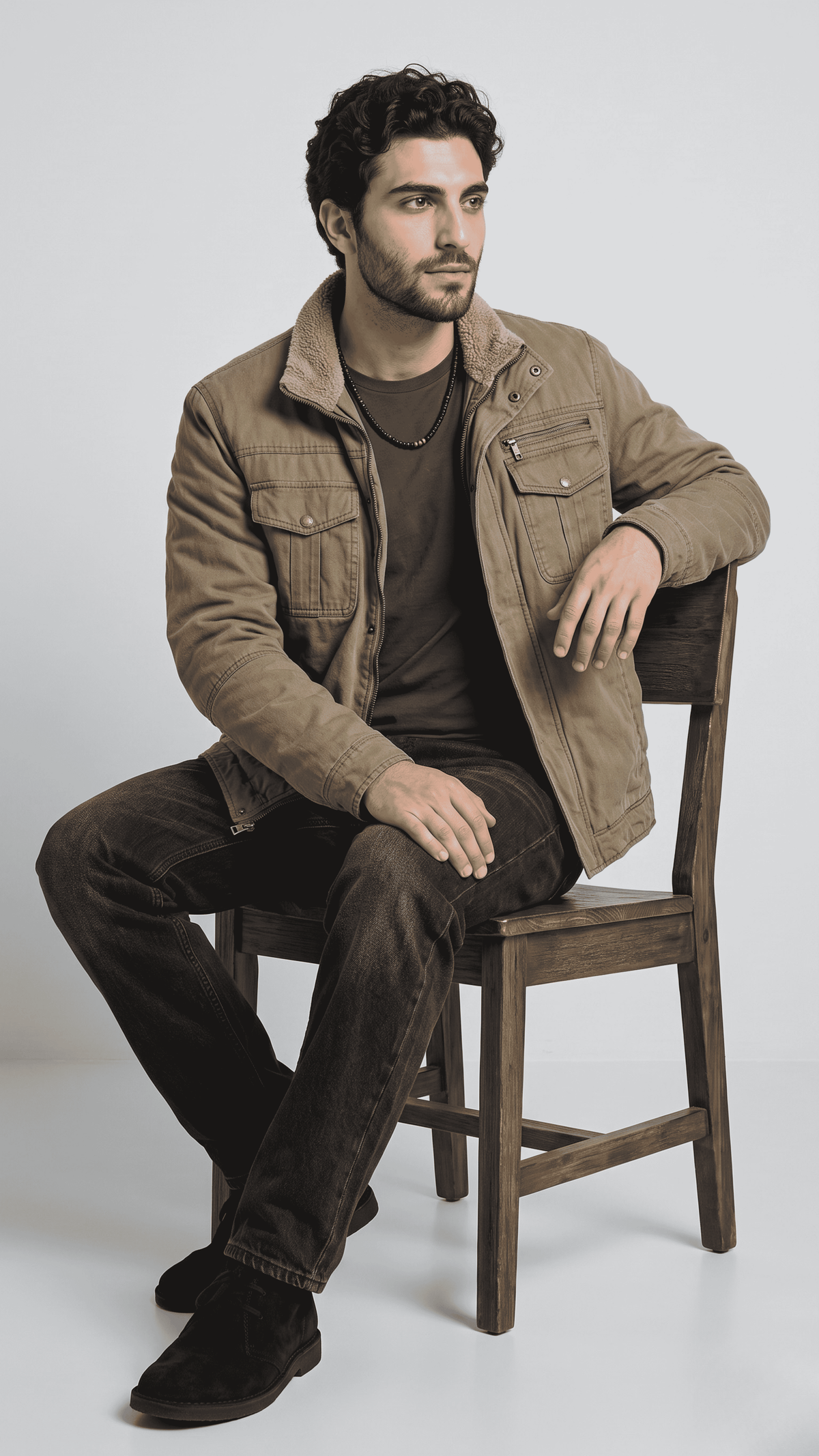 Men's heavy winter fashion featuring a stylish military-inspired olive cotton shearling bomber coat.