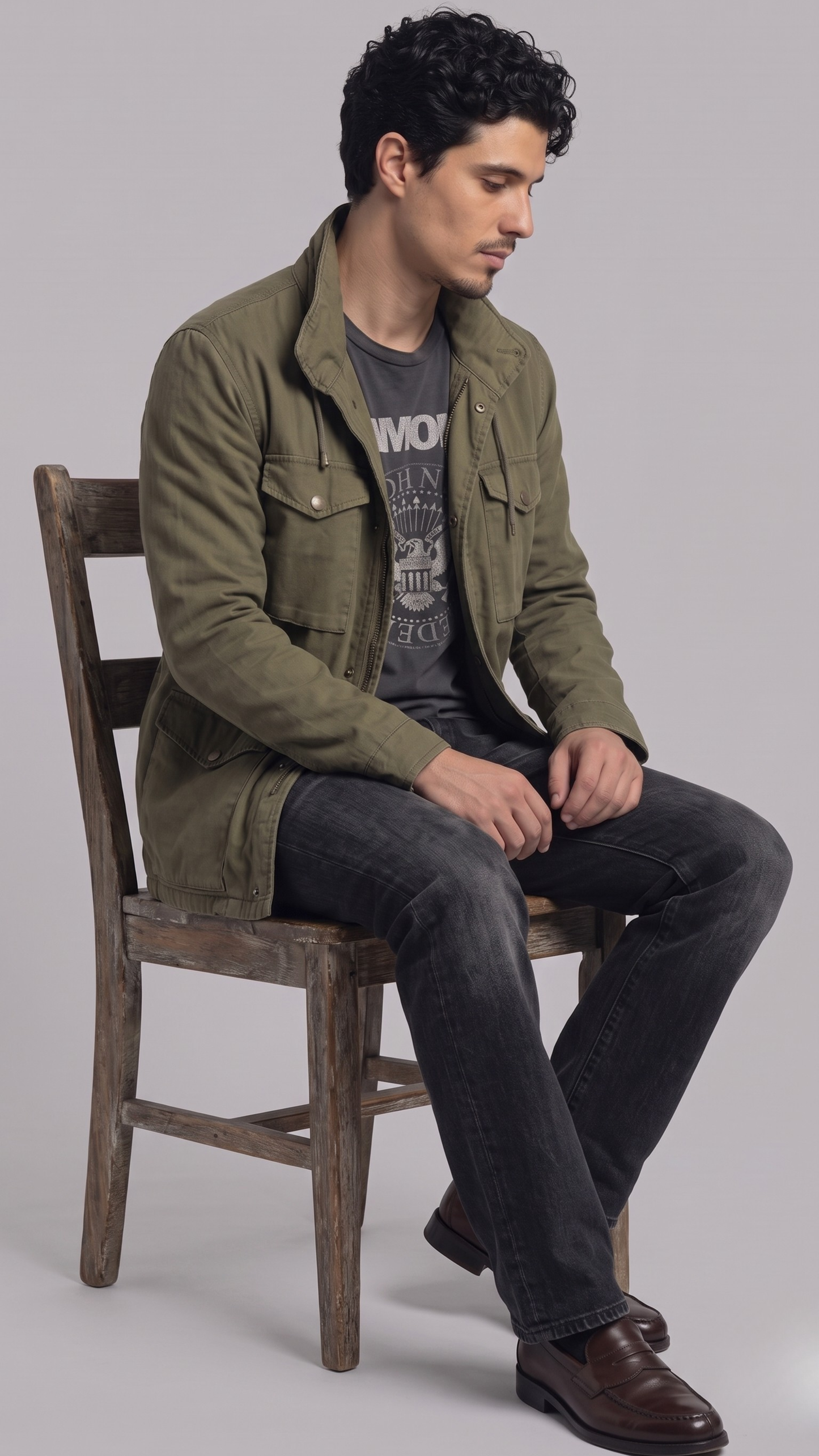 Men's modern military-inspired fashion featuring a tailored olive green field jacket styled for a sharp look.